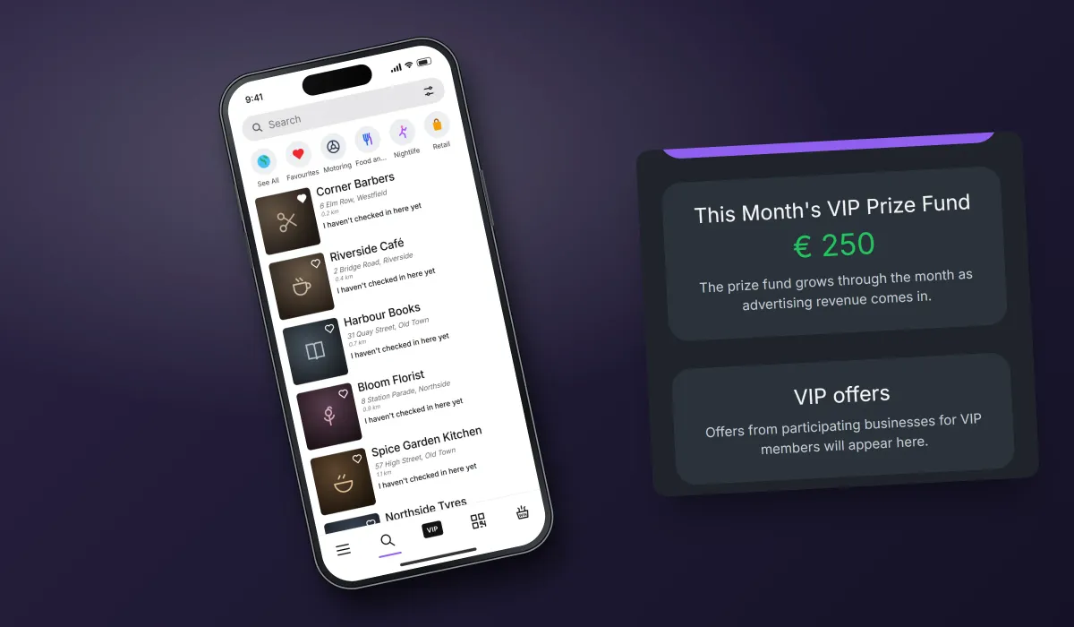 The recreated check-in rewards app: this month's VIP prize fund of €250 and a space for VIP offers, shown with the list of participating businesses or with the VIP screen and its Go VIP and Invite Friends offers