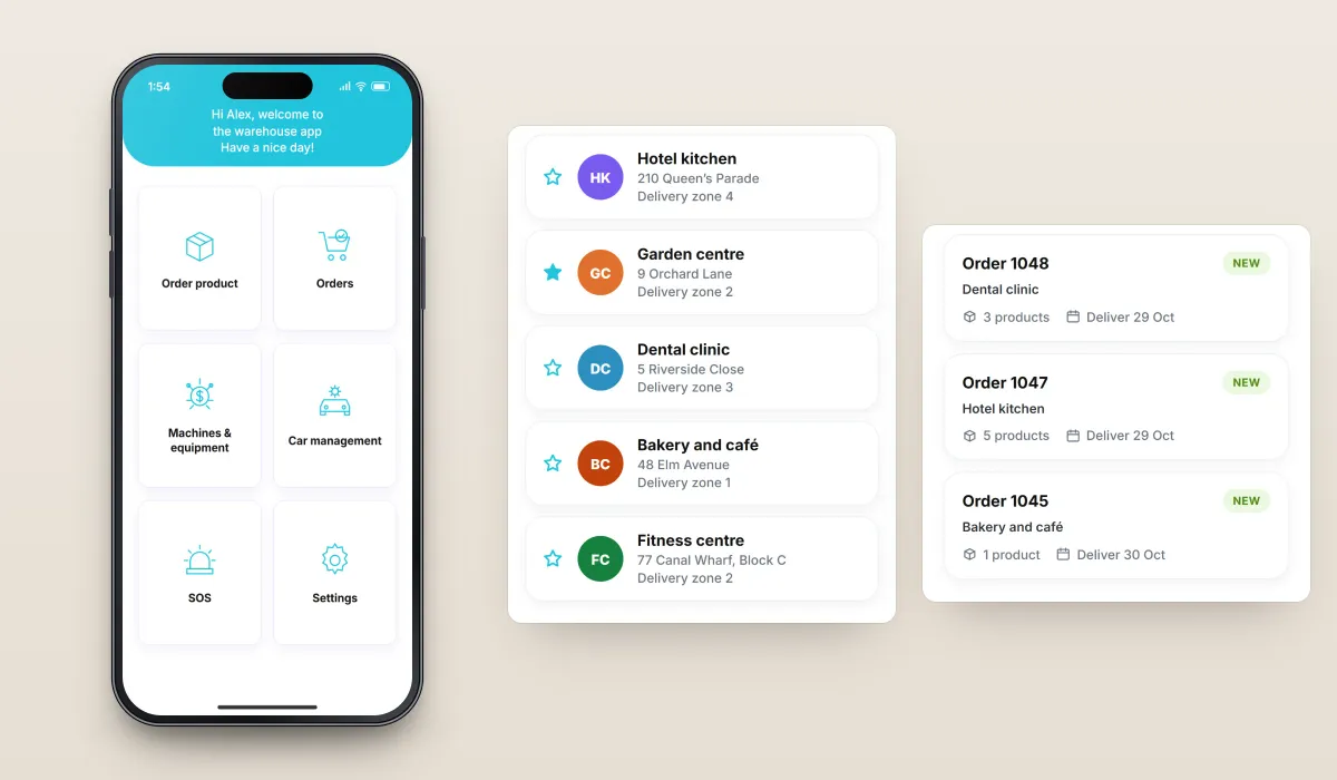Recreated screens of the warehouse app: the home screen with tiles for Order product, Orders, Machines and equipment, Car management, SOS and Settings, shown with an enlarged panel of three new example orders and, in the wide version, the customer list