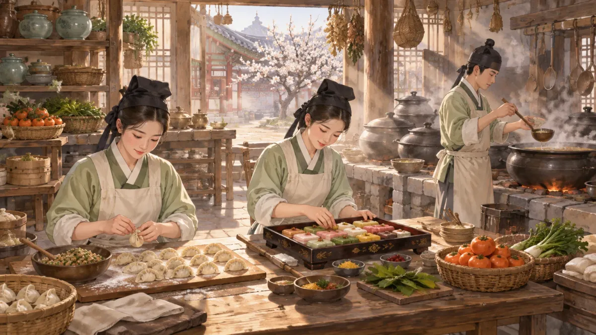 Representative artwork: three palace cooks in pale green robes work at a long wooden table in a sunlit traditional kitchen — folding dumplings, arranging layered rice cakes on a lacquered tray and ladling soup — with clay pots, steam and a blossoming tree outside