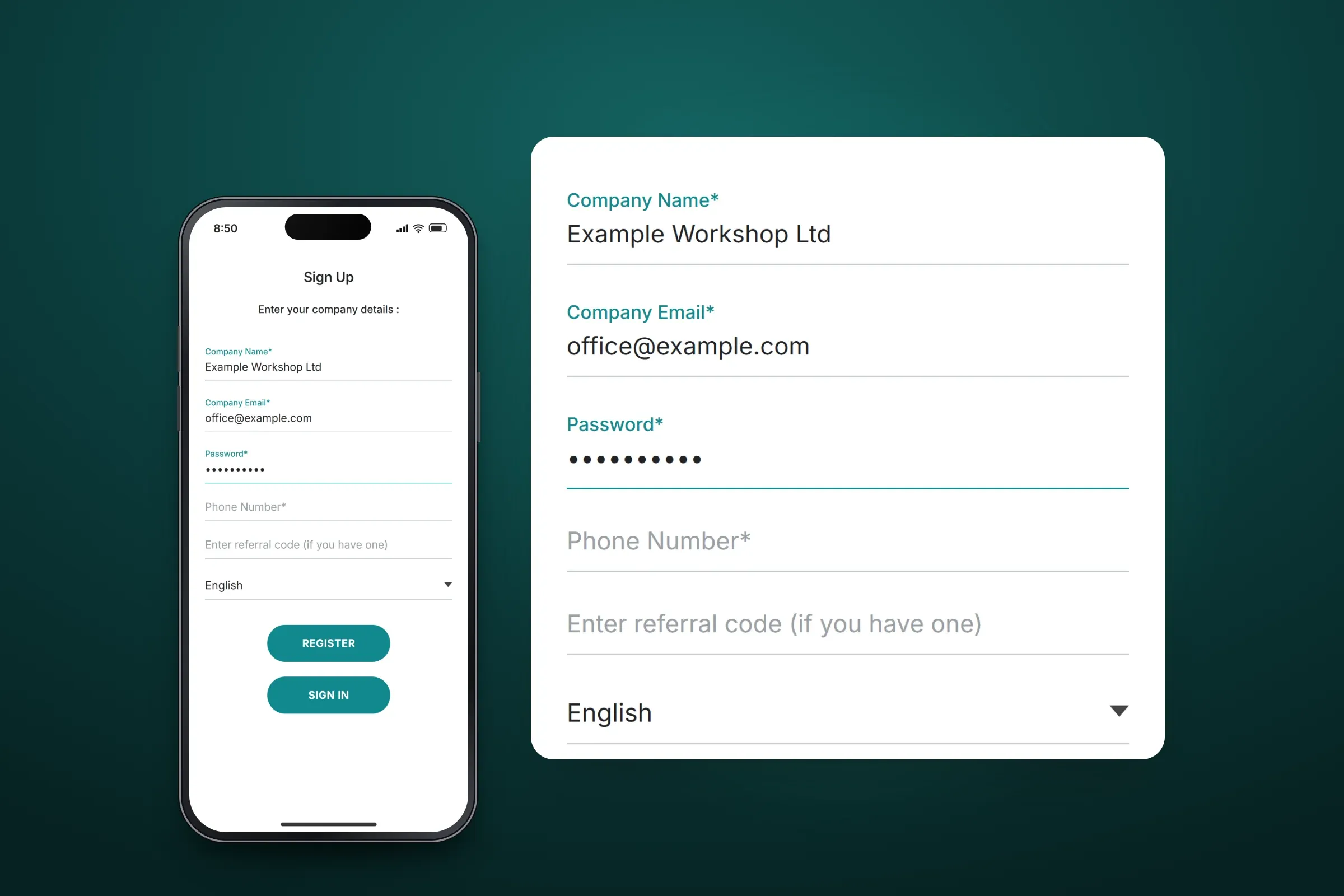 Recreated Sign Up screen for company details with Register and Sign in buttons, and an enlarged view of its form: company name Example Workshop Ltd, company email office@example.com, a password, phone number, an optional referral code and language set to English