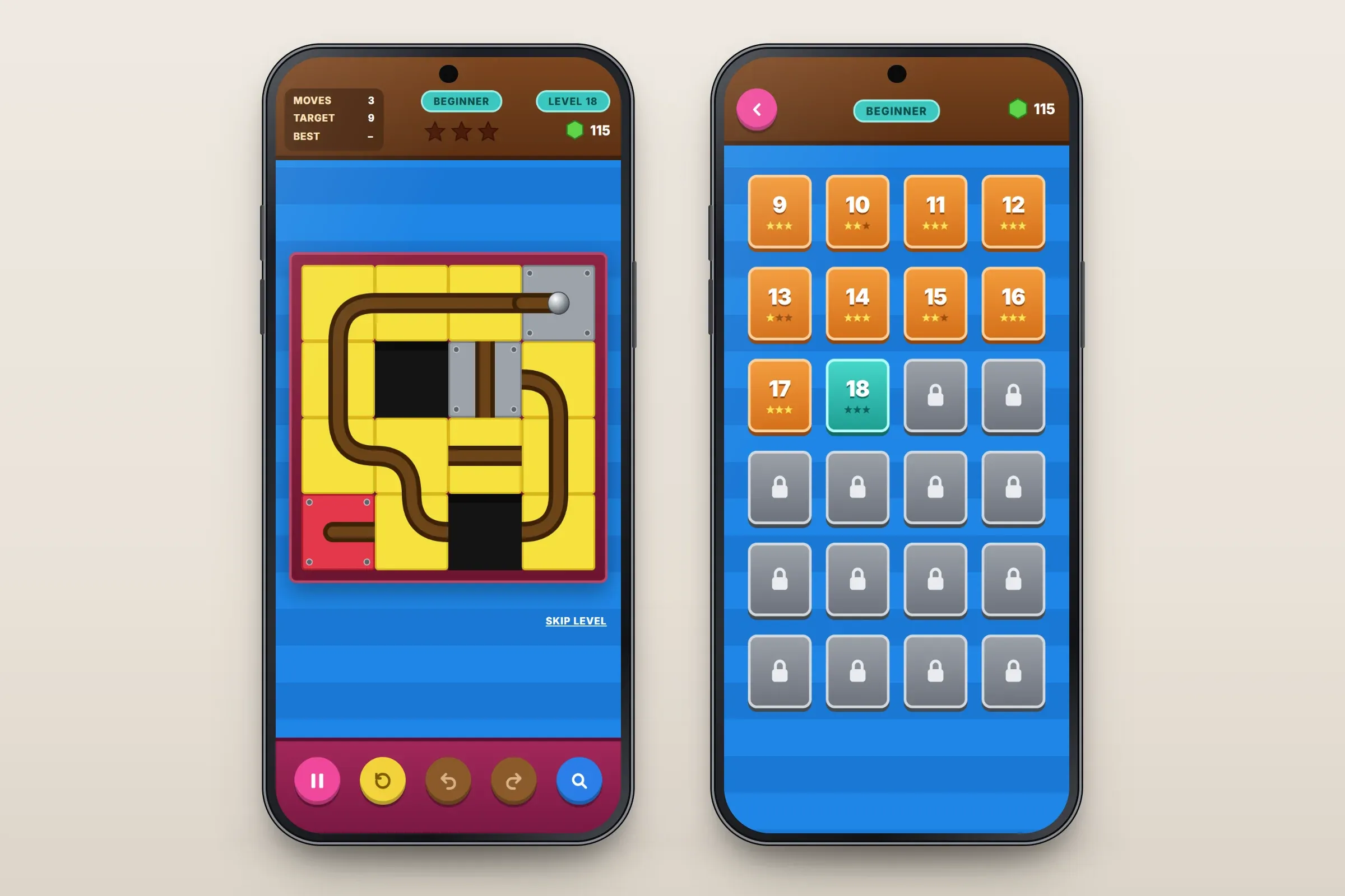 Two recreated screens on a blue background: a 4 by 4 board of yellow sliding tiles with track sections, fixed grey tiles, a steel ball on the start tile and a red goal tile, at level 18 with 3 moves made against a target of 9, empty stars and pause, restart, undo, redo and hint buttons; and the beginner level map with levels 9 to 17 completed with one to three stars, level 18 current and later levels locked