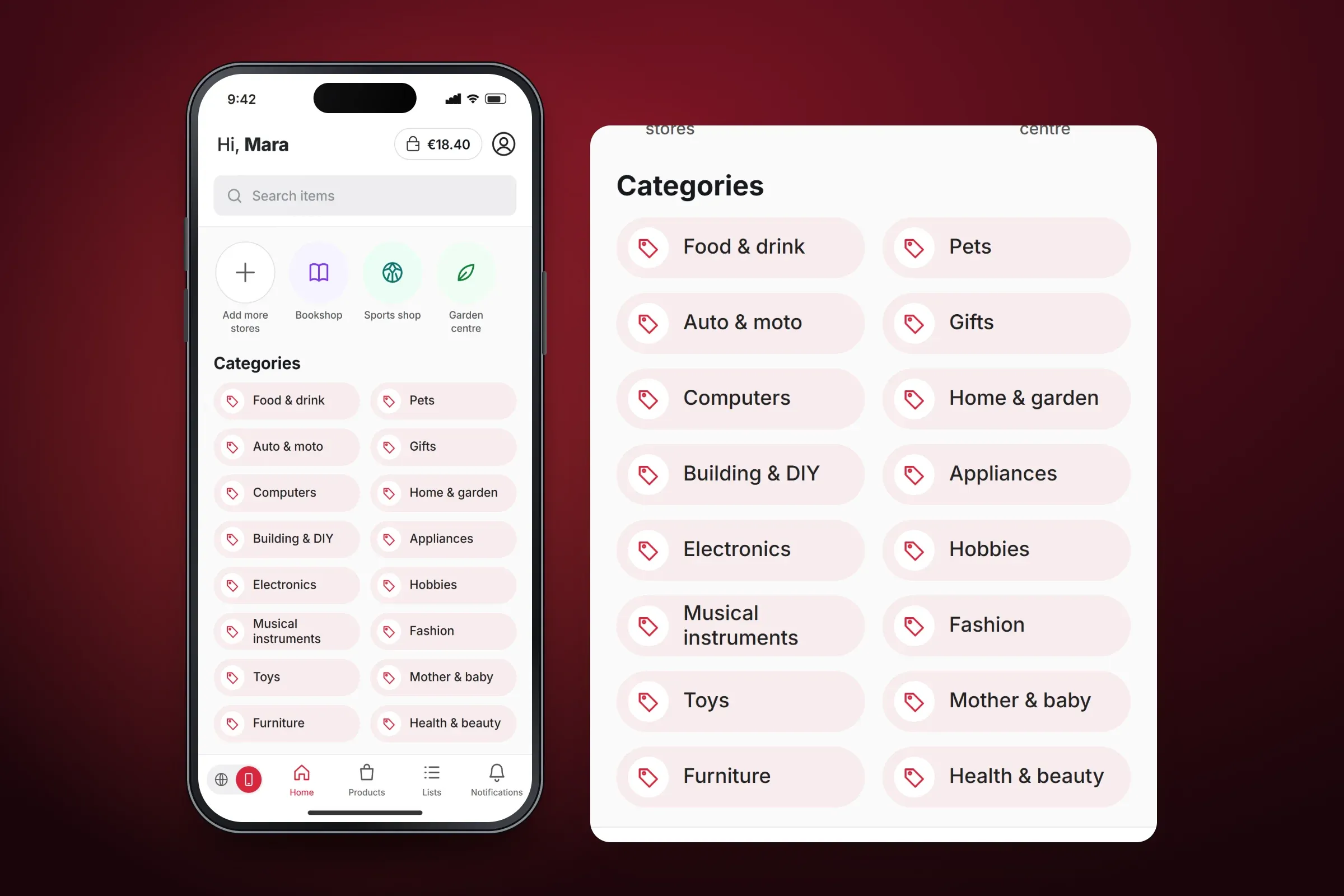 Recreated home screen with the greeting Hi, Mara, a balance of €18.40, a search field, three followed stores — a bookshop, a sports shop and a garden centre — and an Add more stores button, beside an enlarged panel of the sixteen category pills, from Food and drink to Health and beauty