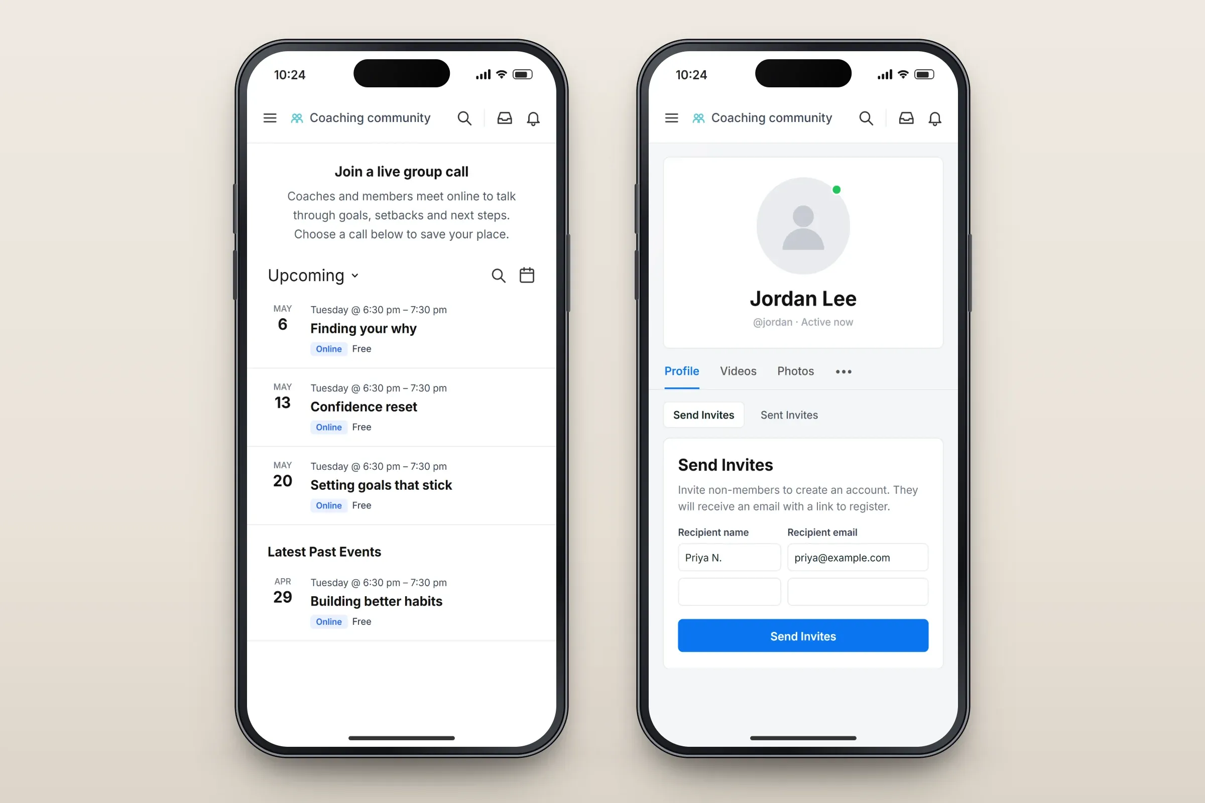 Two recreated screens: the live coaching calls page with a welcome message, three upcoming online calls — Finding your why, Confidence reset and Setting goals that stick — each on a Tuesday from 6:30 to 7:30 pm and free, and one past call; and Jordan Lee's profile with Profile, Videos and Photos tabs and a Send Invites form with recipient name and email