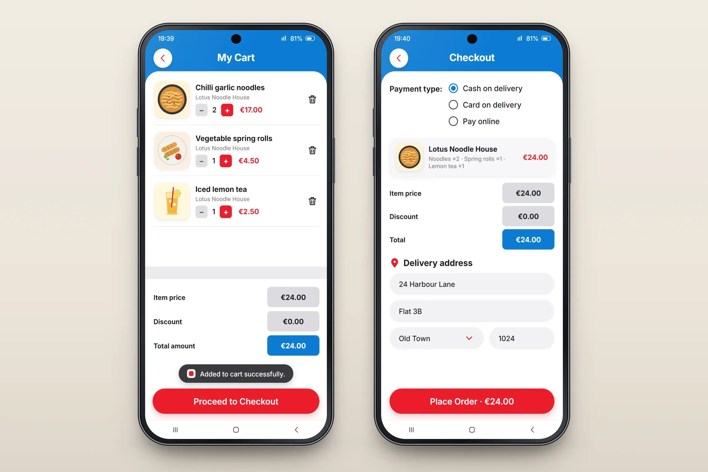 Two recreated screens: the cart with chilli garlic noodles, vegetable spring rolls and iced lemon tea, an item price of €24.00, a discount of €0.00 and a total of €24.00, with an added-to-cart message and a Proceed to Checkout button; and the checkout with payment types cash on delivery, card on delivery and pay online, the order summary, totals and the delivery address fields