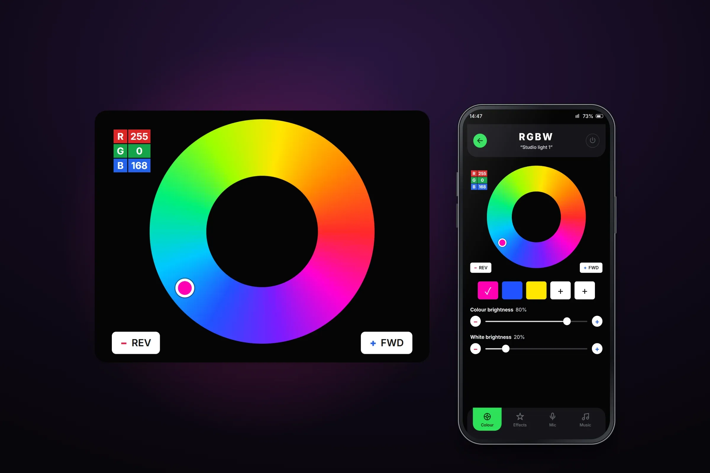 Recreated colour screen for Studio light 1, with an enlarged view of its colour wheel showing RGB values 255, 0 and 168, a pink selection marker and REV and FWD buttons; the phone also shows preset colours, colour brightness 80% and white brightness 20%