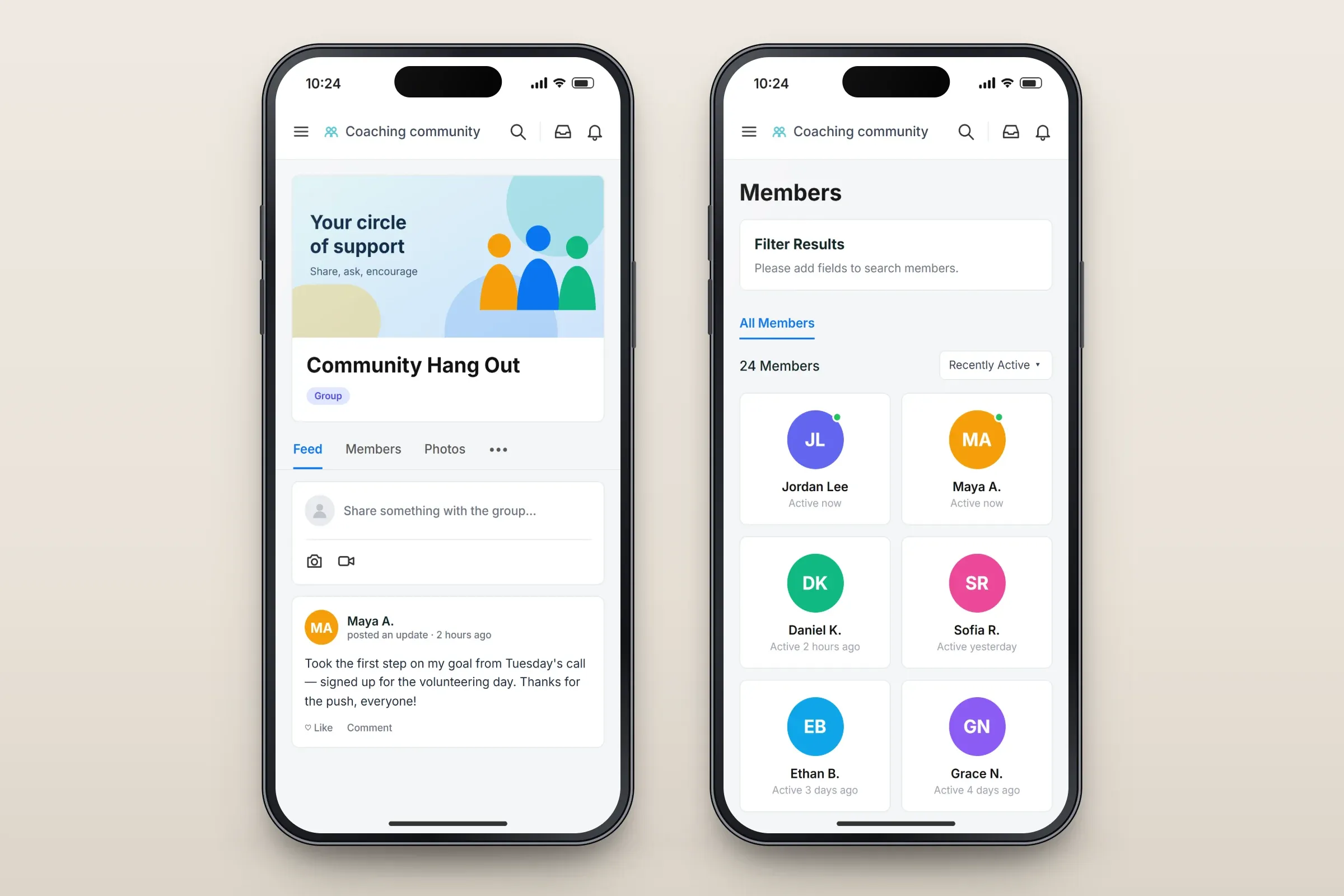 Two recreated screens: the Community Hang Out group with an illustrated Your circle of support banner, Feed, Members and Photos tabs, a Share something with the group box with photo and video buttons, and an update from a member; and the members directory with filter results, 24 members sorted by recently active, and cards for six members showing when they were last active