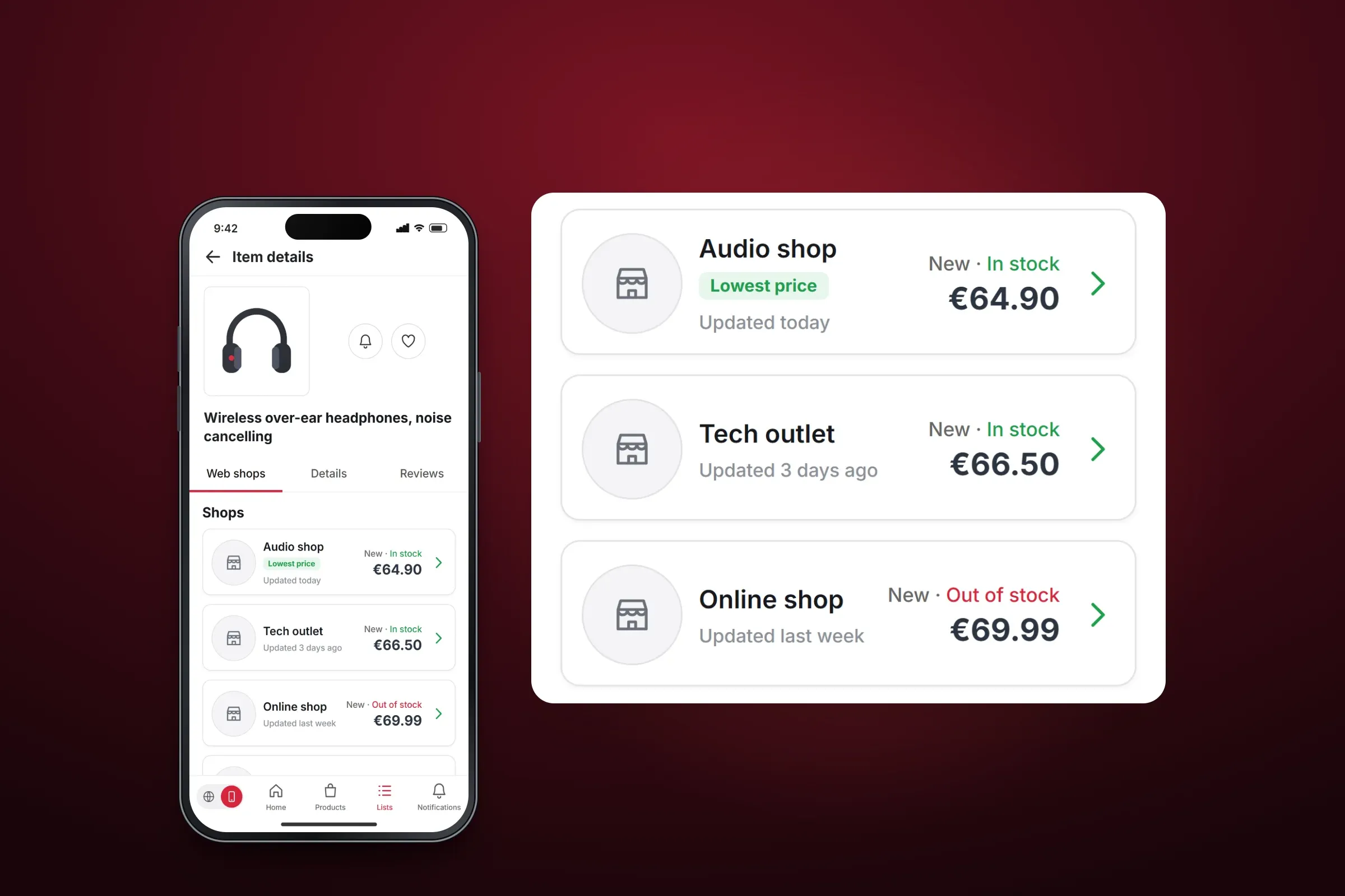 Recreated item details screen for wireless over-ear headphones with alert and favourite buttons and Web shops, Details and Reviews tabs, beside an enlarged panel of the shop list: Audio shop at €64.90 marked Lowest price, Tech outlet at €66.50 and Online shop at €69.99 out of stock