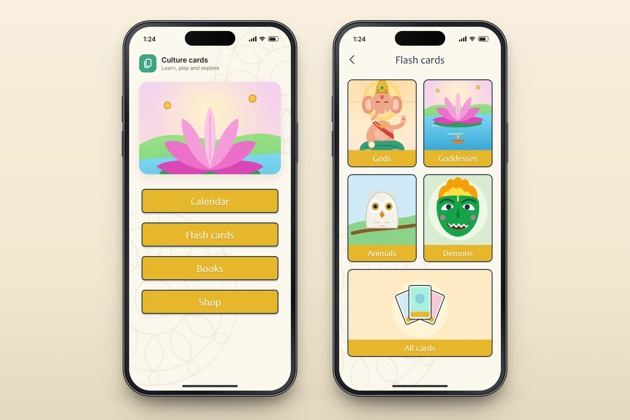 Two recreated screens on a cream background with a faint mandala pattern: the main menu headed Culture cards, Learn, play and explore, with a picture of a lotus and gold buttons for Calendar, Flash cards, Books and Shop; and the Flash cards grid with illustrated decks for Gods, Goddesses, Animals and Demons (a green theatre mask) and a wide All cards deck