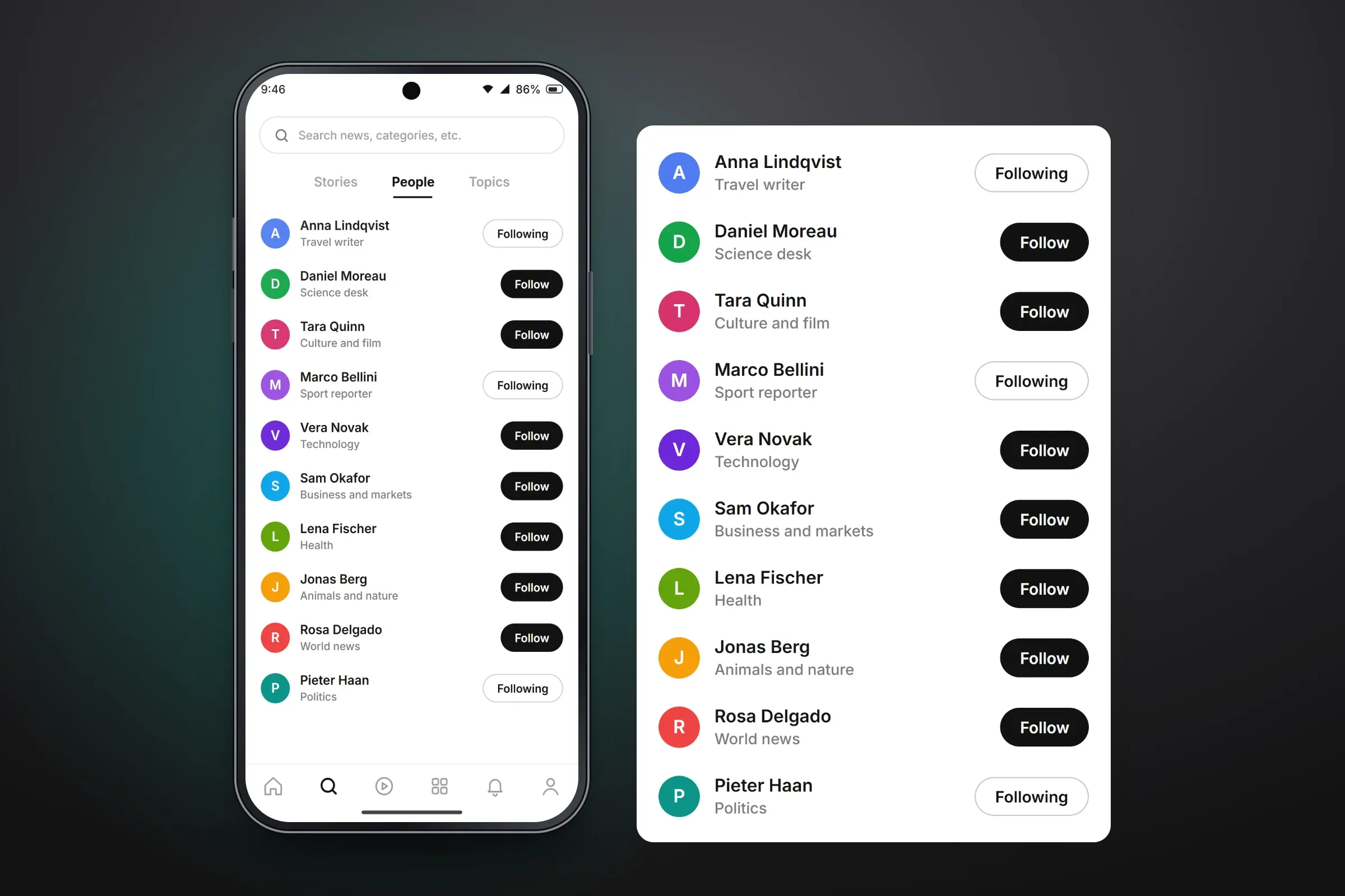 Recreated search screen with a search bar and Stories, People and Topics tabs, and an enlarged panel of the People tab with ten example writers, each with a short description and a Follow or Following button