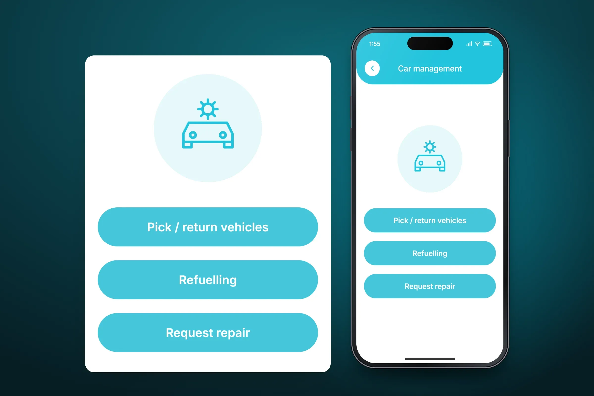Recreated car management screen with a car icon and Pick / return vehicles, Refuelling and Request repair buttons, beside an enlarged panel of the icon and the three buttons