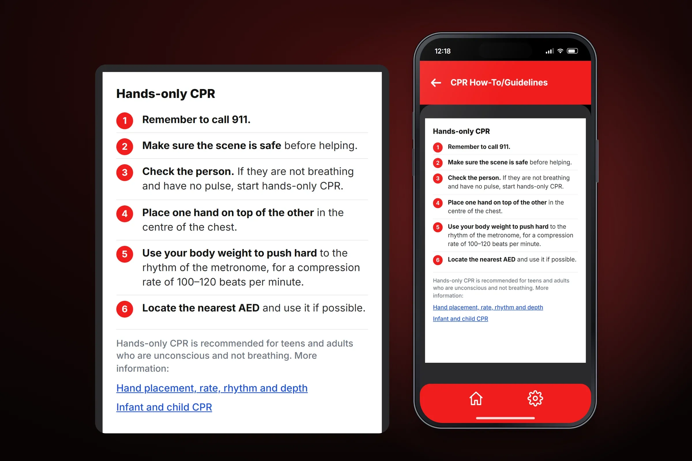 Recreated CPR How-To/Guidelines screen with an enlarged view of the hands-only CPR steps — remember to call 911, make sure the scene is safe, check the person, place one hand on top of the other, push to the rhythm of the metronome at 100–120 beats per minute, and locate the nearest AED — with links to further information