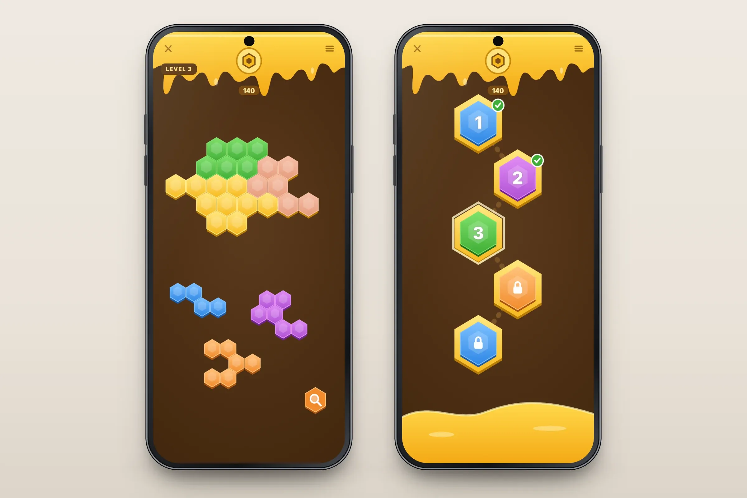 Two recreated screens on a brown background under a honey-coloured header: level 3 with a honeycomb board partly filled by a green piece, a hint shading the cells where the purple piece goes, and blue, purple and orange pieces below with a hint button; and the level path with levels 1 and 2 completed, level 3 open and levels 4 and 5 locked