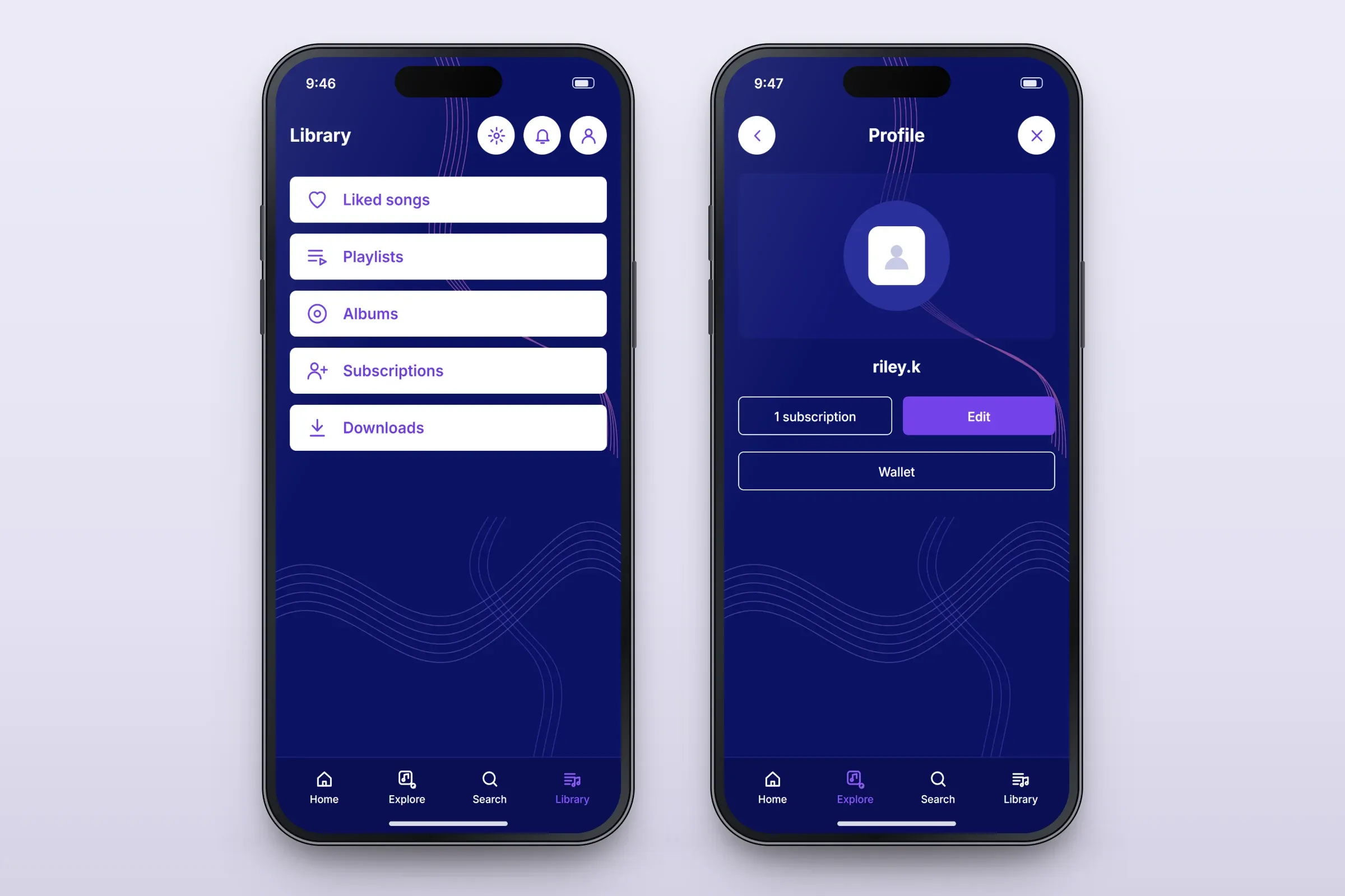 Two recreated screens: the Library with settings, notifications and profile buttons and entries for liked songs, playlists, albums, subscriptions and downloads; and the profile with a placeholder picture, the username riley.k, a 1 subscription button, an Edit button and a Wallet button