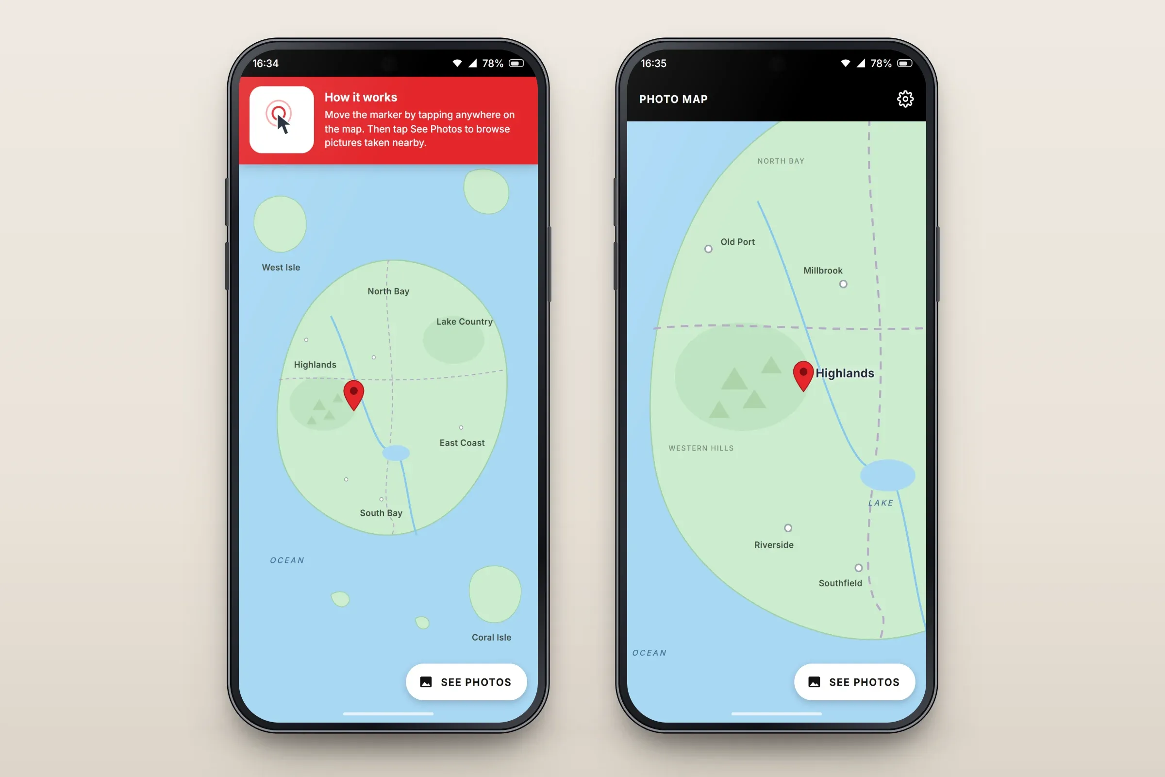Two recreated screens: the full map of an invented group of islands with a red How it works banner explaining that tapping the map moves the marker and See Photos shows pictures taken nearby, a red pin and a See Photos button; and the same area zoomed in under a black Photo Map bar, with the pin on the Highlands, town names, a river, a lake and a See Photos button