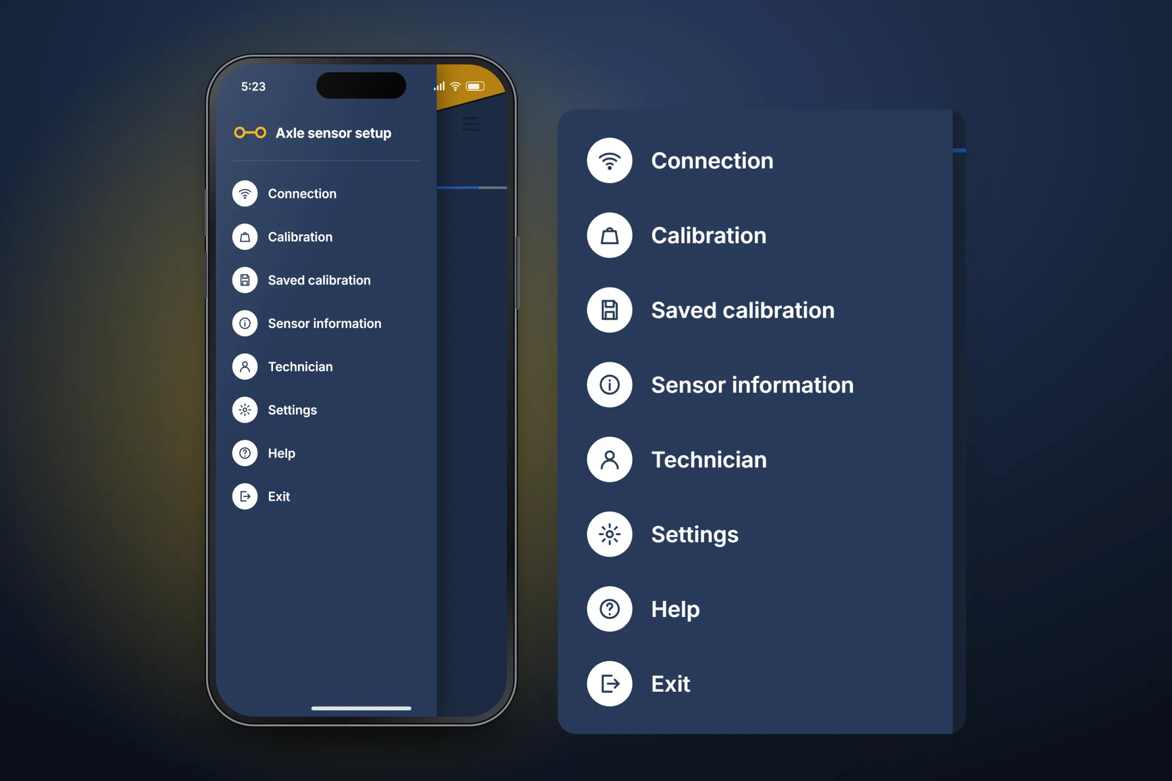 Recreated side menu of the axle sensor setup app, with an enlarged view of its entries Connection, Calibration, Saved calibration, Sensor information, Technician, Settings, Help and Exit