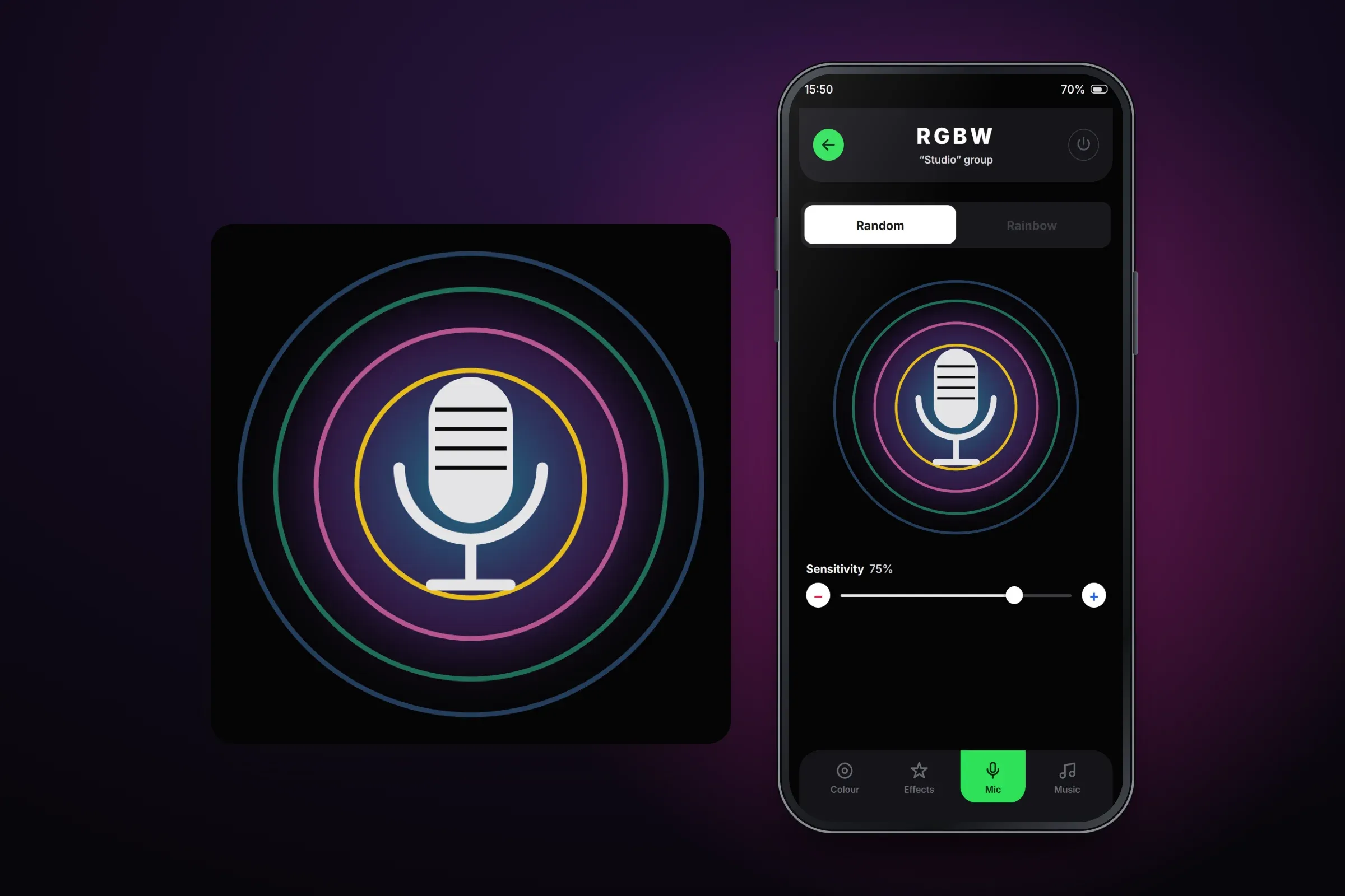 Recreated microphone screen for the Studio group, with Random and Rainbow modes, a microphone illustration in coloured rings and a sensitivity slider at 75%, beside an enlarged view of the microphone illustration