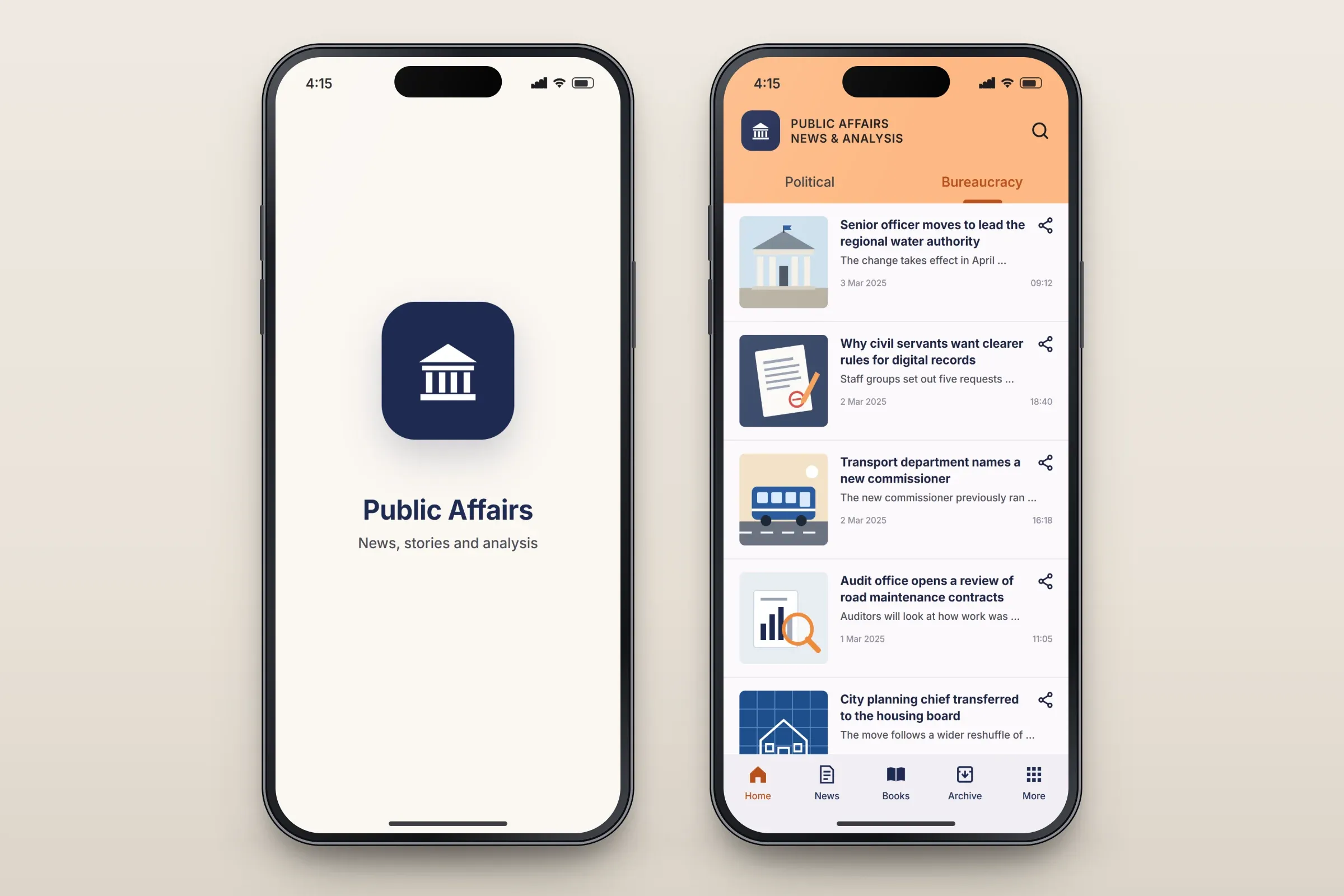Two recreated screens: the opening screen with a navy app icon of a pillared building and the words Public Affairs, News, stories and analysis; and the home screen on the Bureaucracy tab with five illustrated stories — a senior officer moving to the regional water authority, clearer rules for digital records, a new transport commissioner, an audit of road maintenance contracts and a planning chief's transfer — each with date, time and a share button