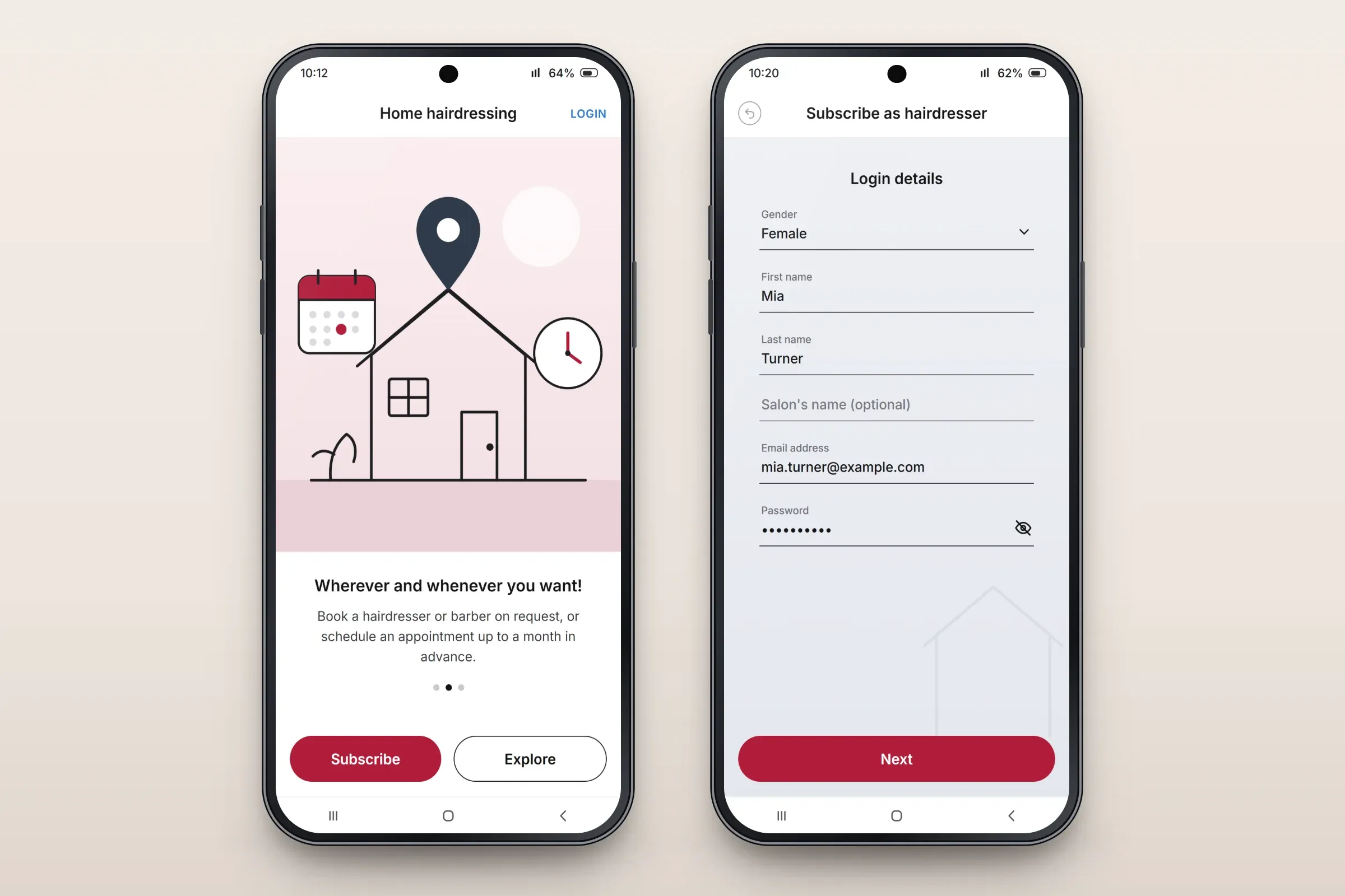 Two recreated screens: an onboarding page with a line illustration of a house, a map pin, a calendar and a clock, the heading Wherever and whenever you want, and Subscribe and Explore buttons; and Subscribe as hairdresser with gender, first name, last name, optional salon name, email address and password fields