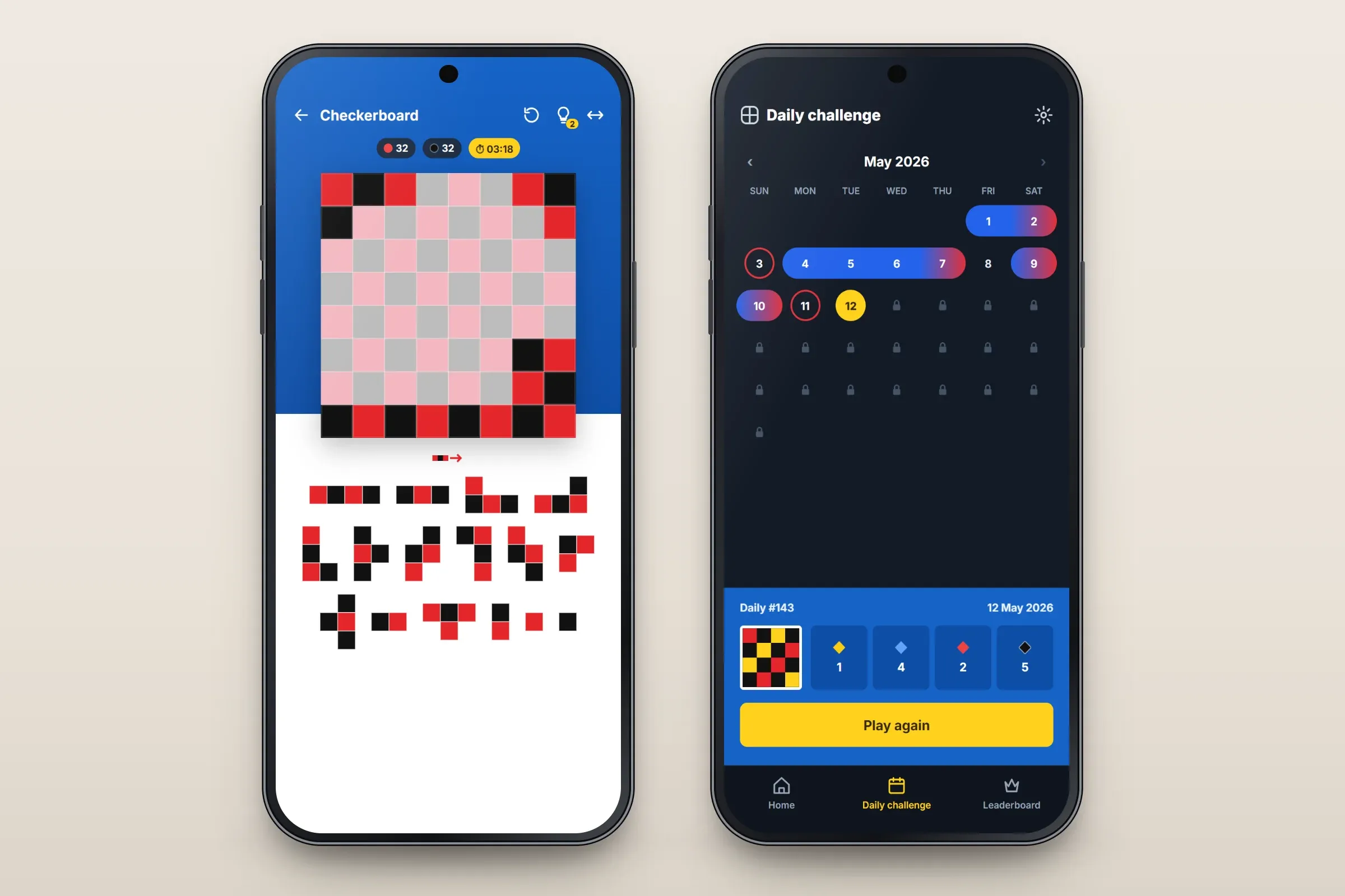 Two recreated screens: the Checkerboard puzzle with an 8 by 8 board showing the target pattern faintly, a few red-and-black pieces already placed, 32 red and 32 black squares, a timer and the remaining pieces below; and the daily challenge calendar for May 2026 with played days, today's puzzle highlighted and a Play again button