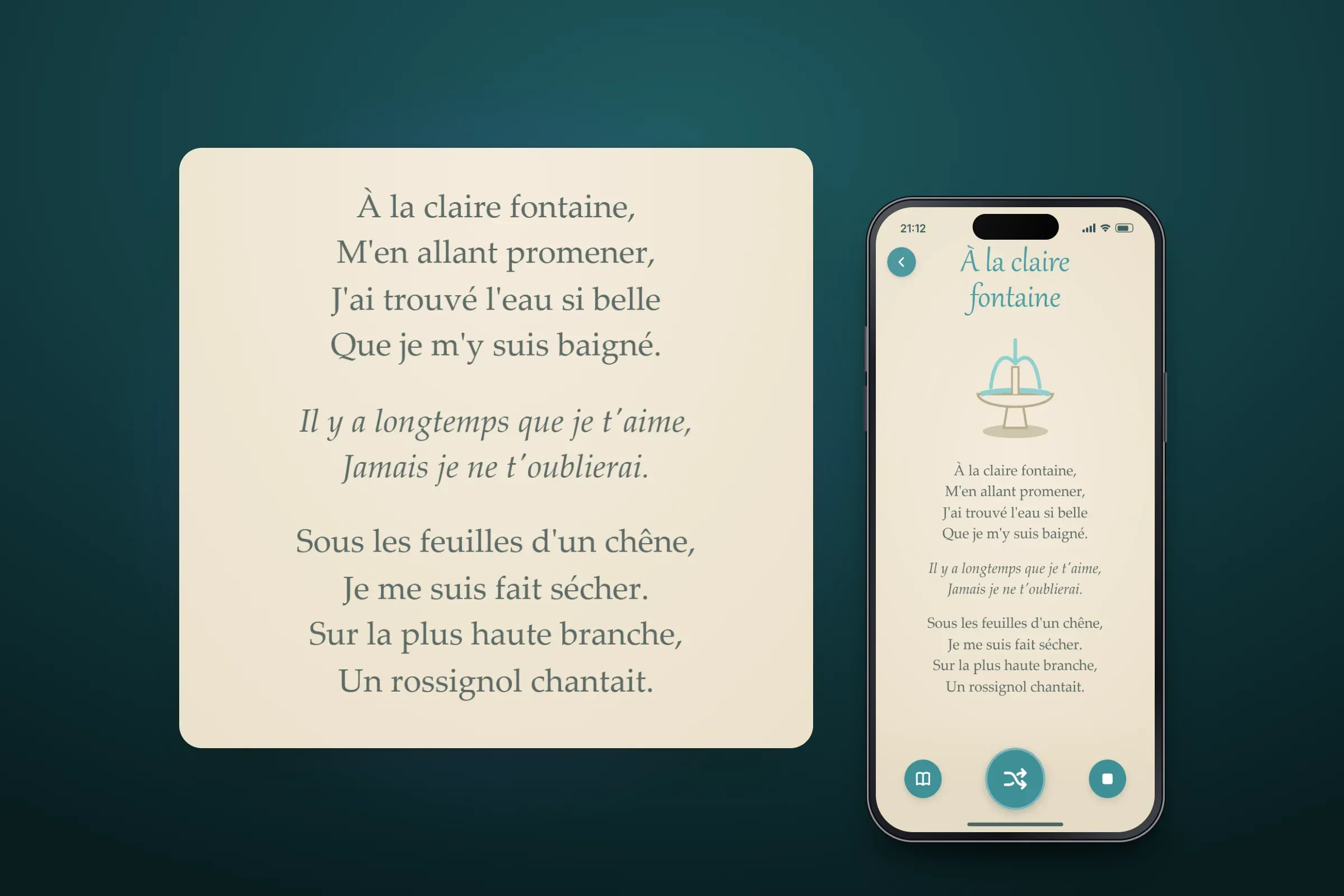 Recreated screen for À la claire fontaine with a drawing of a fountain and buttons for origins, random rhyme and stop at the bottom, and an enlarged panel of the first verse, the italic chorus and the second verse