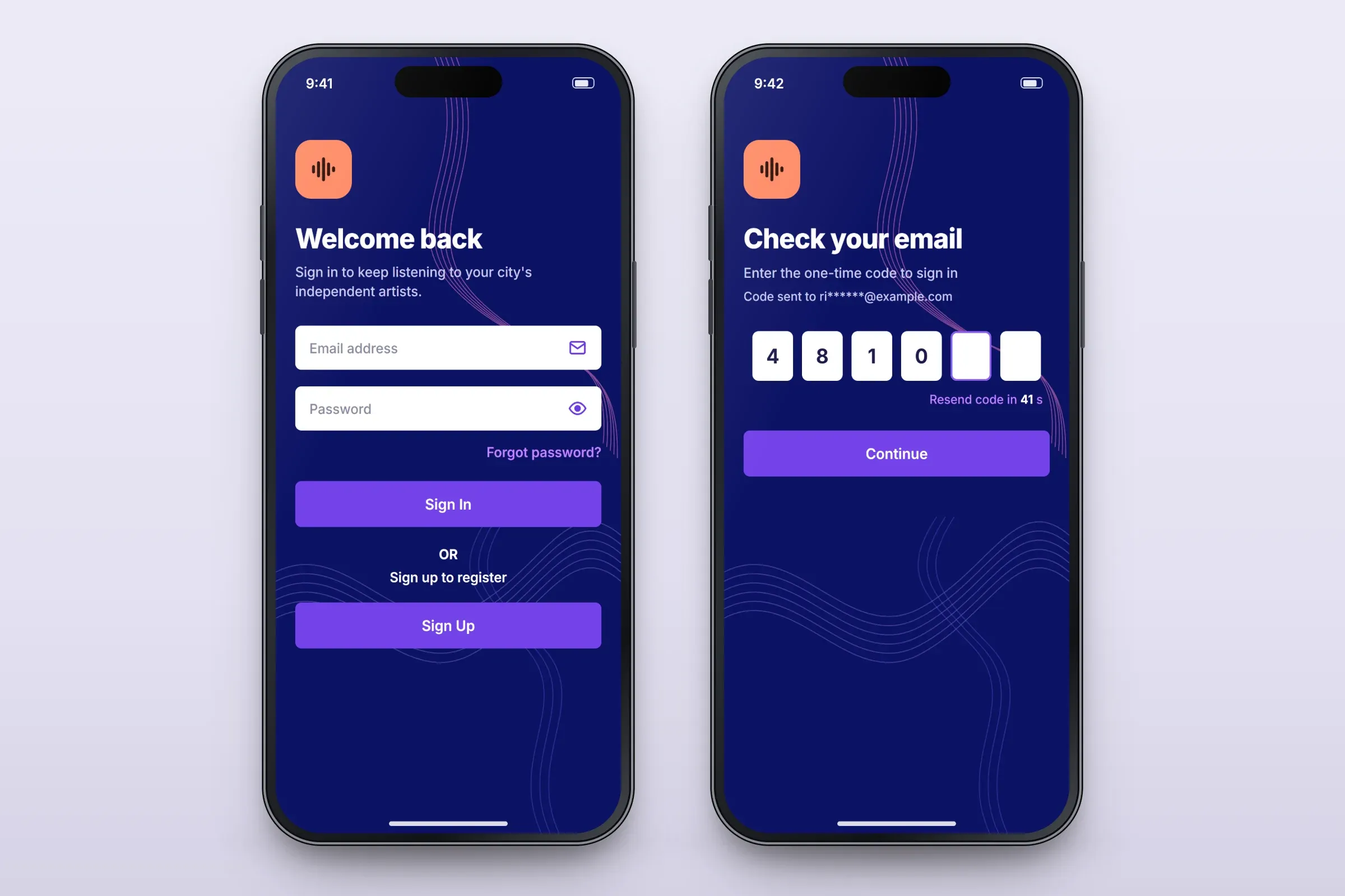 Two recreated screens: the sign-in screen with a waveform icon, a Welcome back heading, email and password fields, a forgotten password link and Sign In and Sign Up buttons; and the one-time code screen, Check your email, with a code sent to a masked email address, six code boxes with four digits entered, a resend timer at 41 seconds and a Continue button