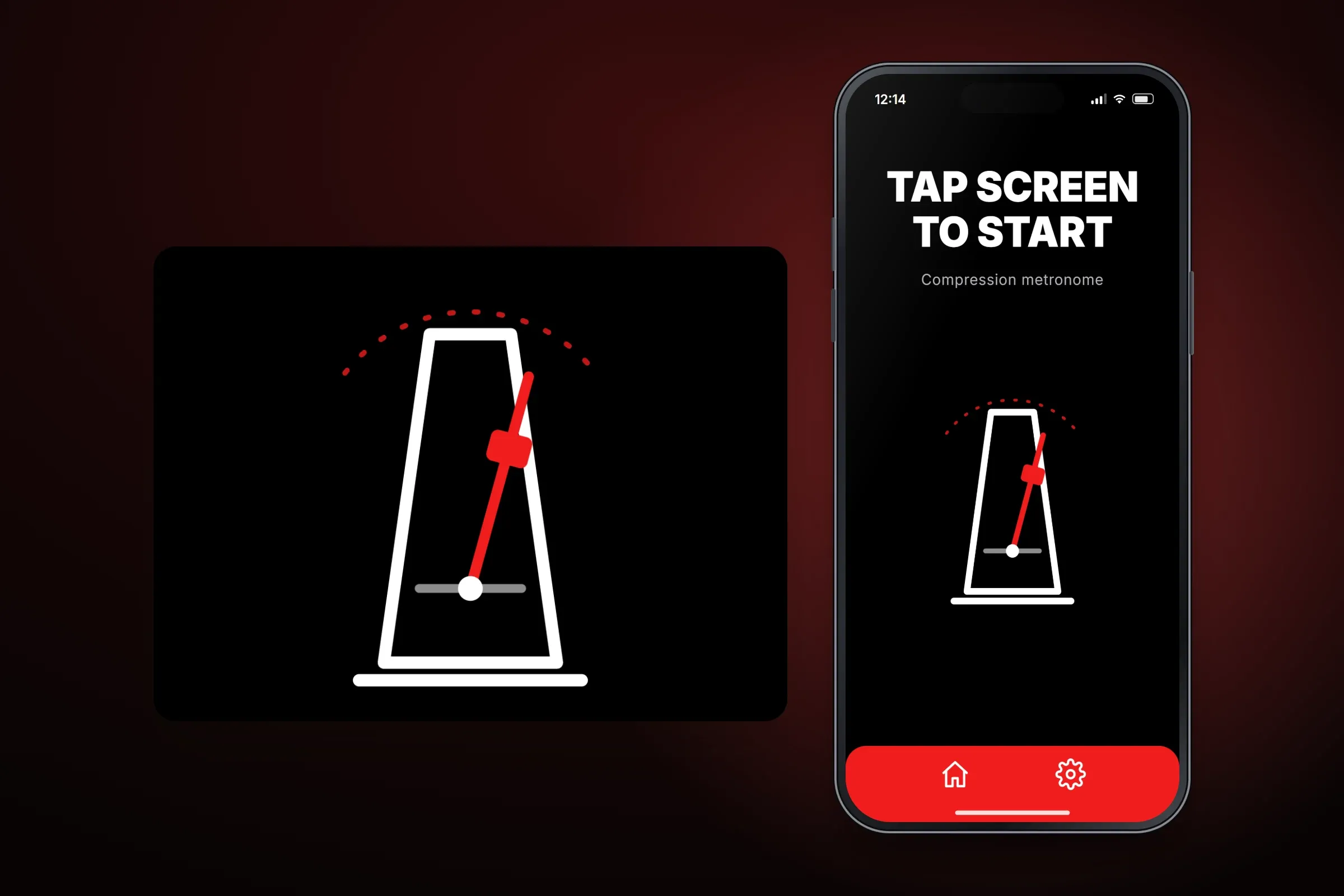 Recreated start screen with Tap screen to start in large white type, the label Compression metronome and a line drawing of a metronome with a red pendulum, beside an enlarged view of the metronome drawing