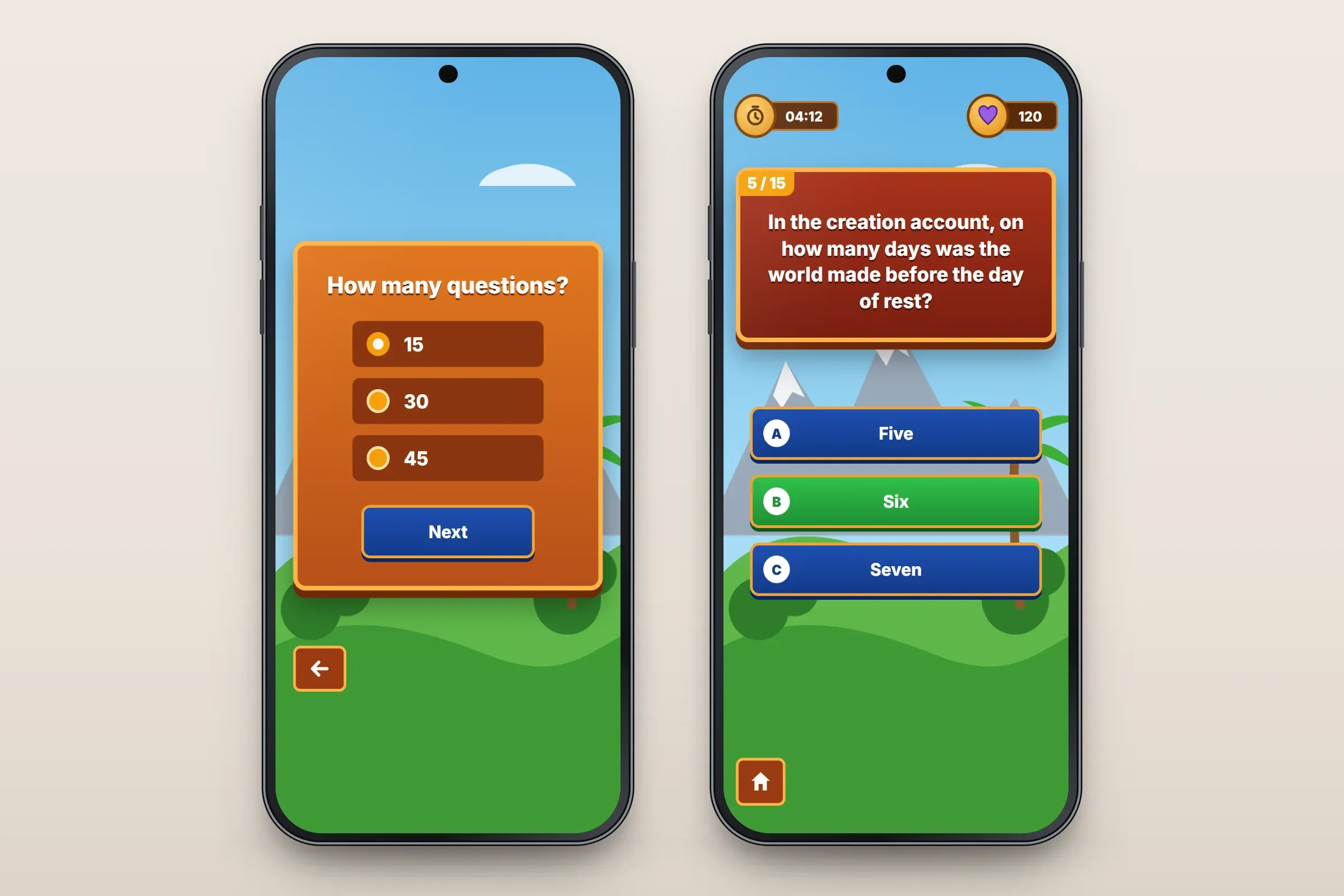 Two recreated screens over a landscape of mountains, palms and hills: a wooden panel asking how many questions to play, with 15 selected and 30 and 45 as options; and question 5 of 15 asking on how many days the world was made before the day of rest in the creation account, with the answers five, six and seven, six marked correct, a 04:12 timer and 120 points