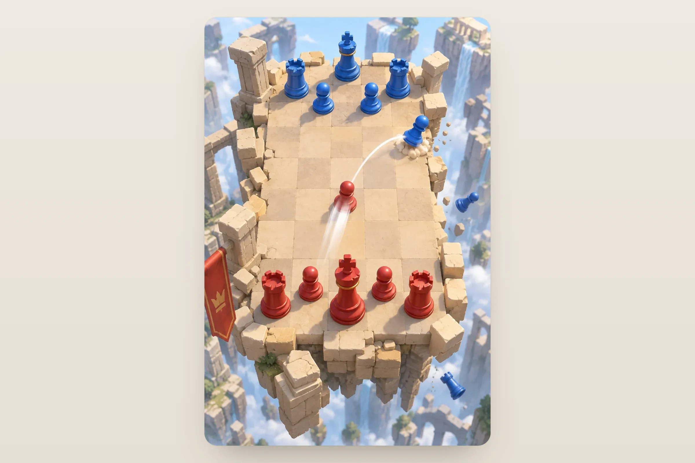 Representative artwork: a floating stone arena seen from above with red chess pieces at the bottom, blue at the top, and a red pawn flicked forward knocking a blue pawn towards the edge