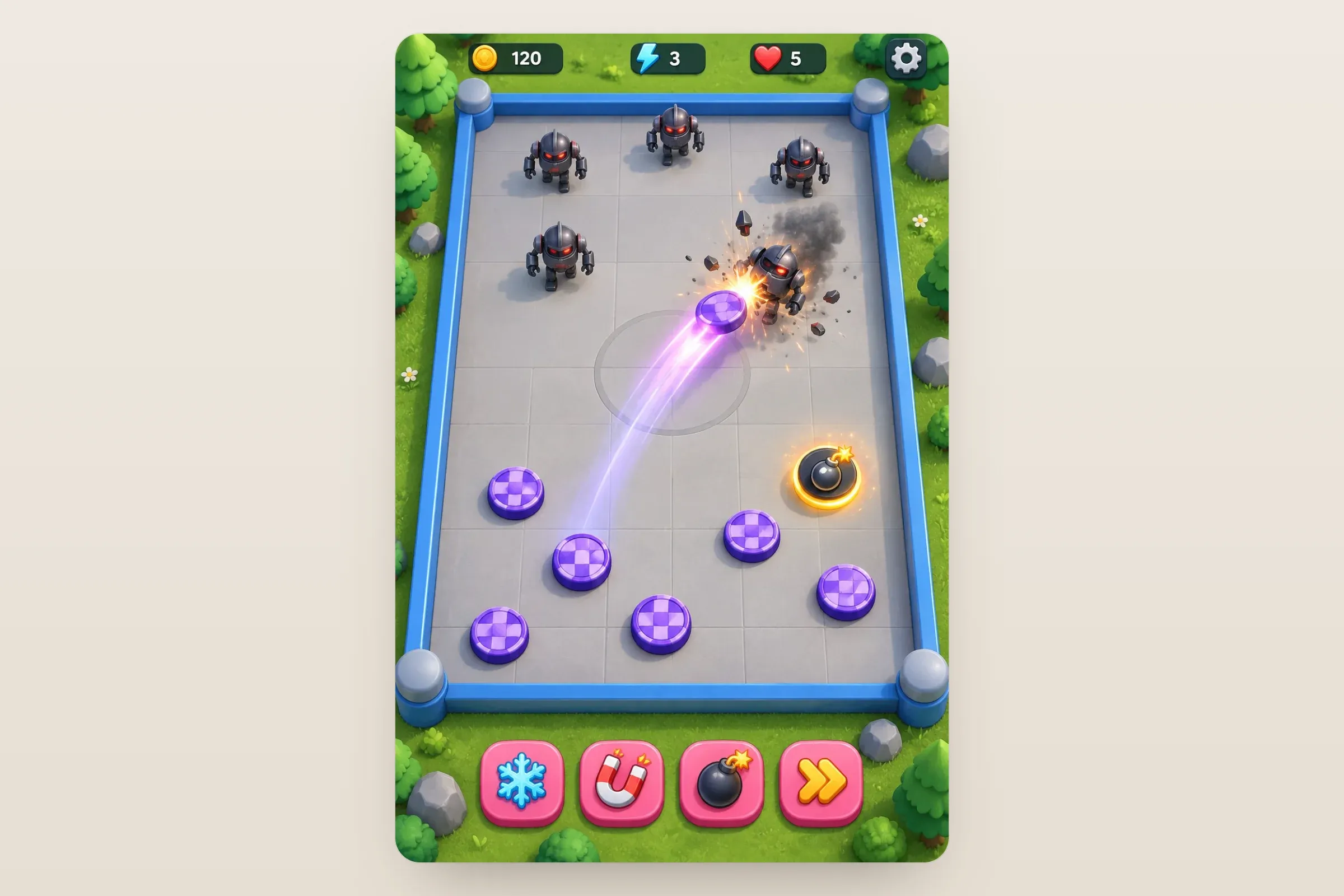 Representative artwork: a walled arena with purple discs below and small armoured robots above, one disc flicked into a robot with an explosion, and a row of power-up buttons