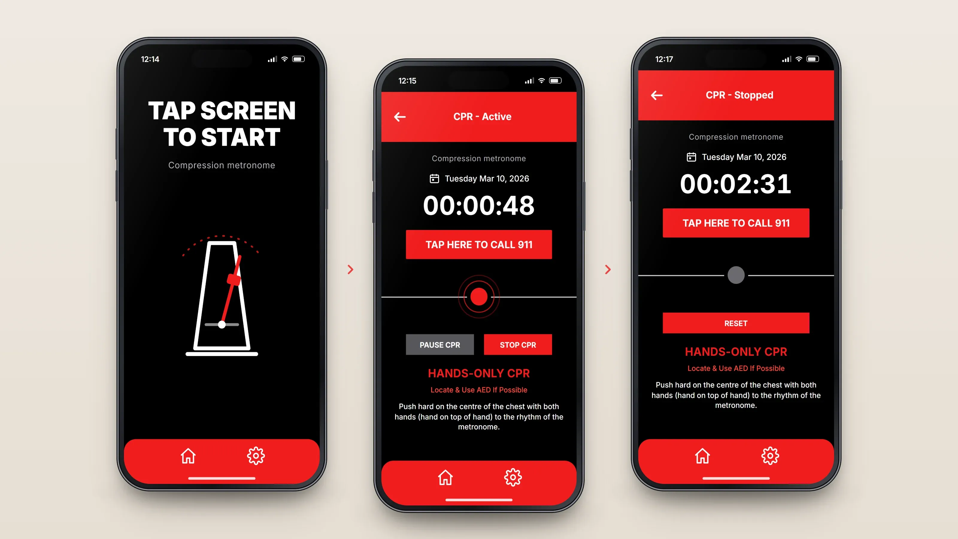 Recreated screens of the app in order, left to right: tap anywhere to start; push to the beat; pause, stop or reset