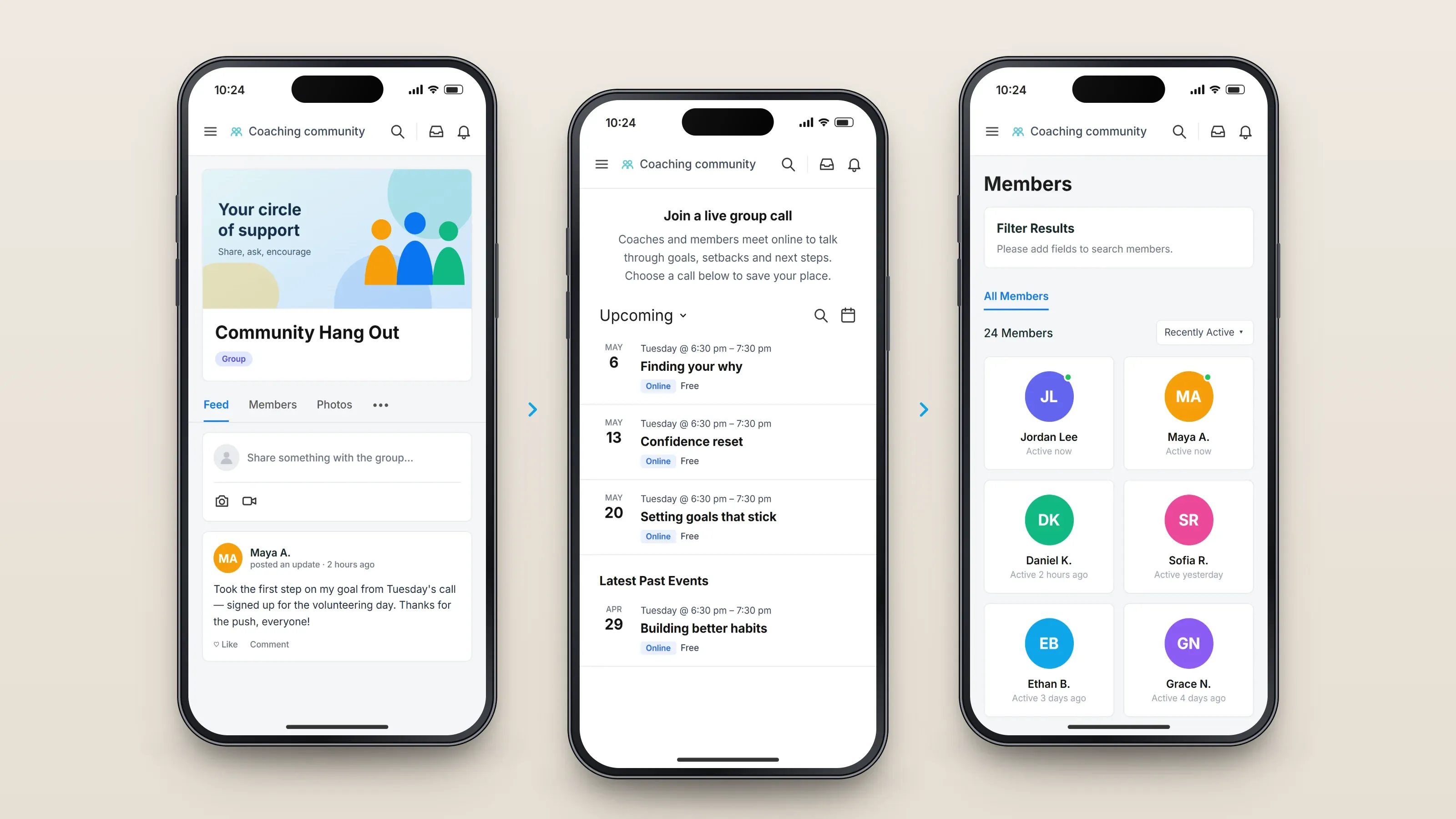 Recreated screens of the app in order, left to right: the group; live calls; members