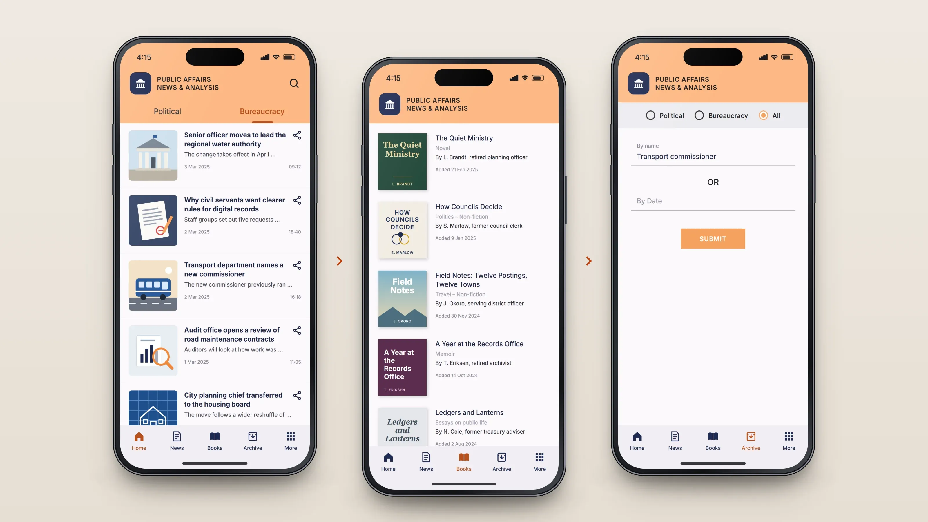 Recreated screens of the app in order, left to right: read the news; browse books; search the archive