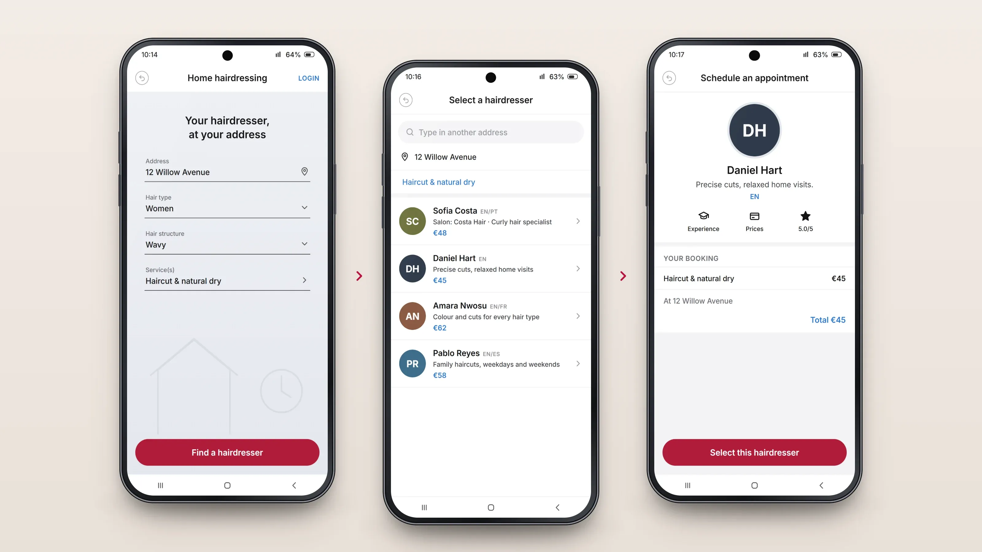 Recreated screens of the app in order, left to right: describe what you need; choose a hairdresser; book