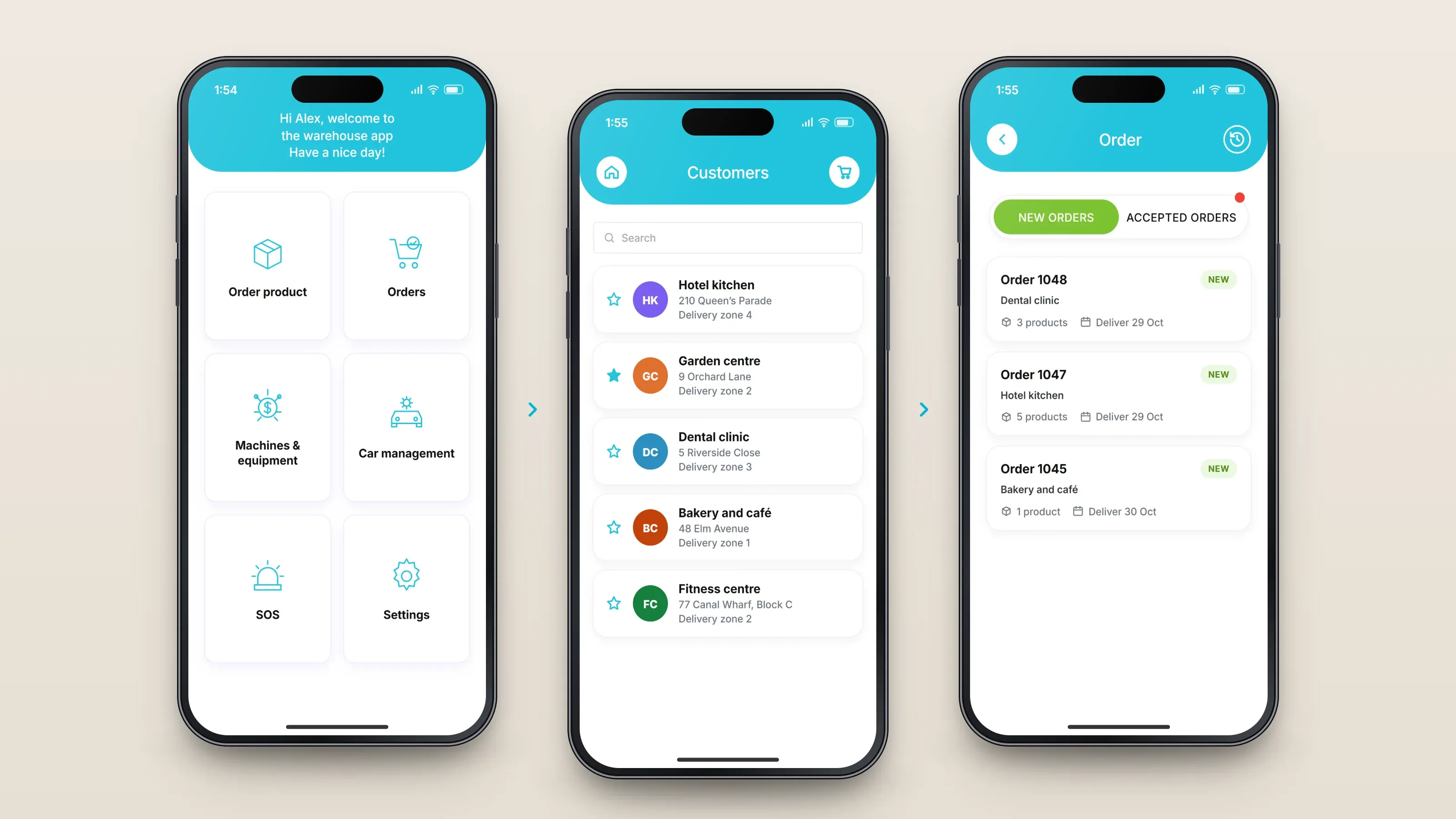 Recreated screens of the app in order, left to right: start from the home screen; find the customer; work the orders