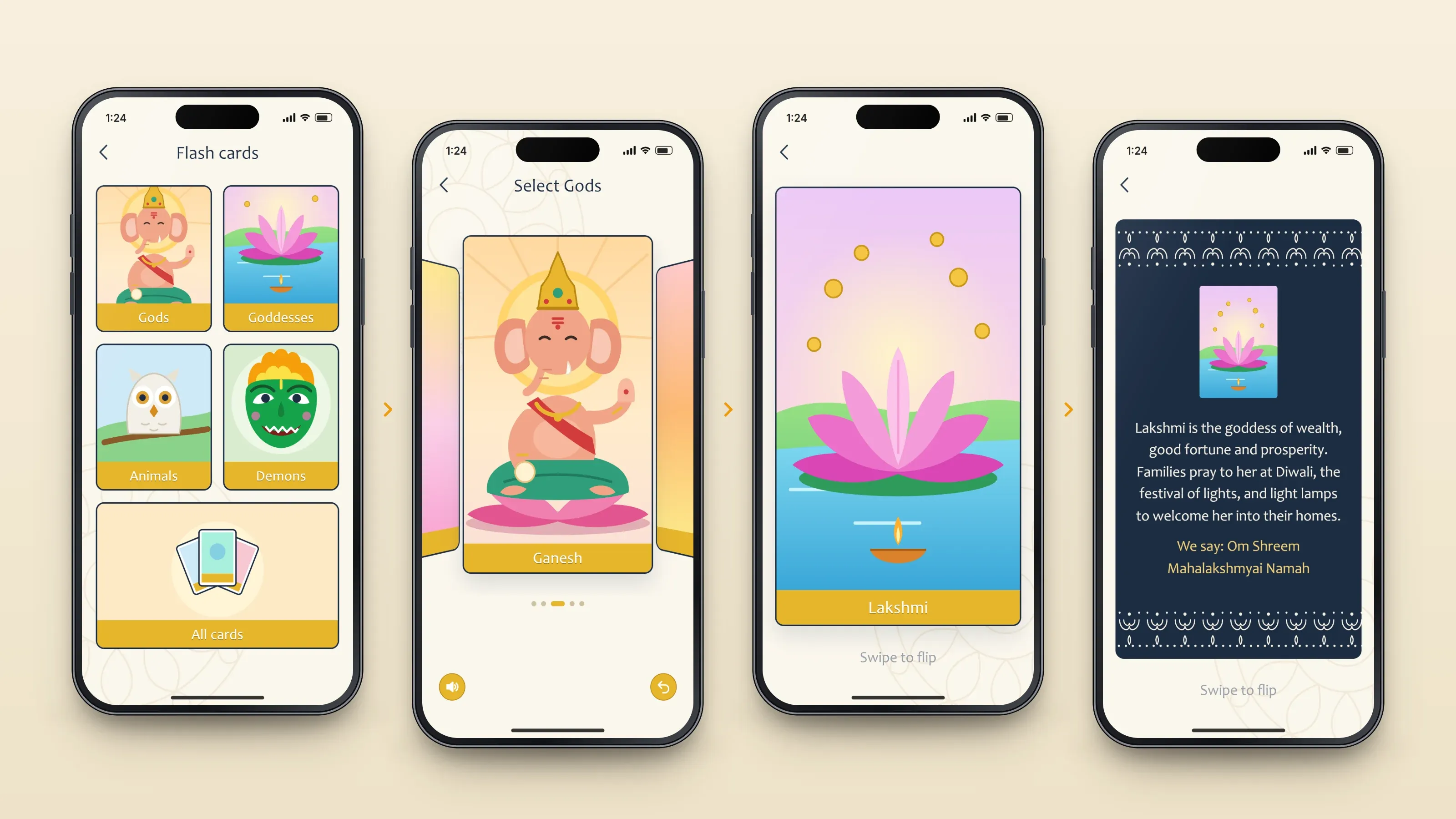 Recreated screens of the app in order, left to right: choose a deck; swipe through; see the front; flip it