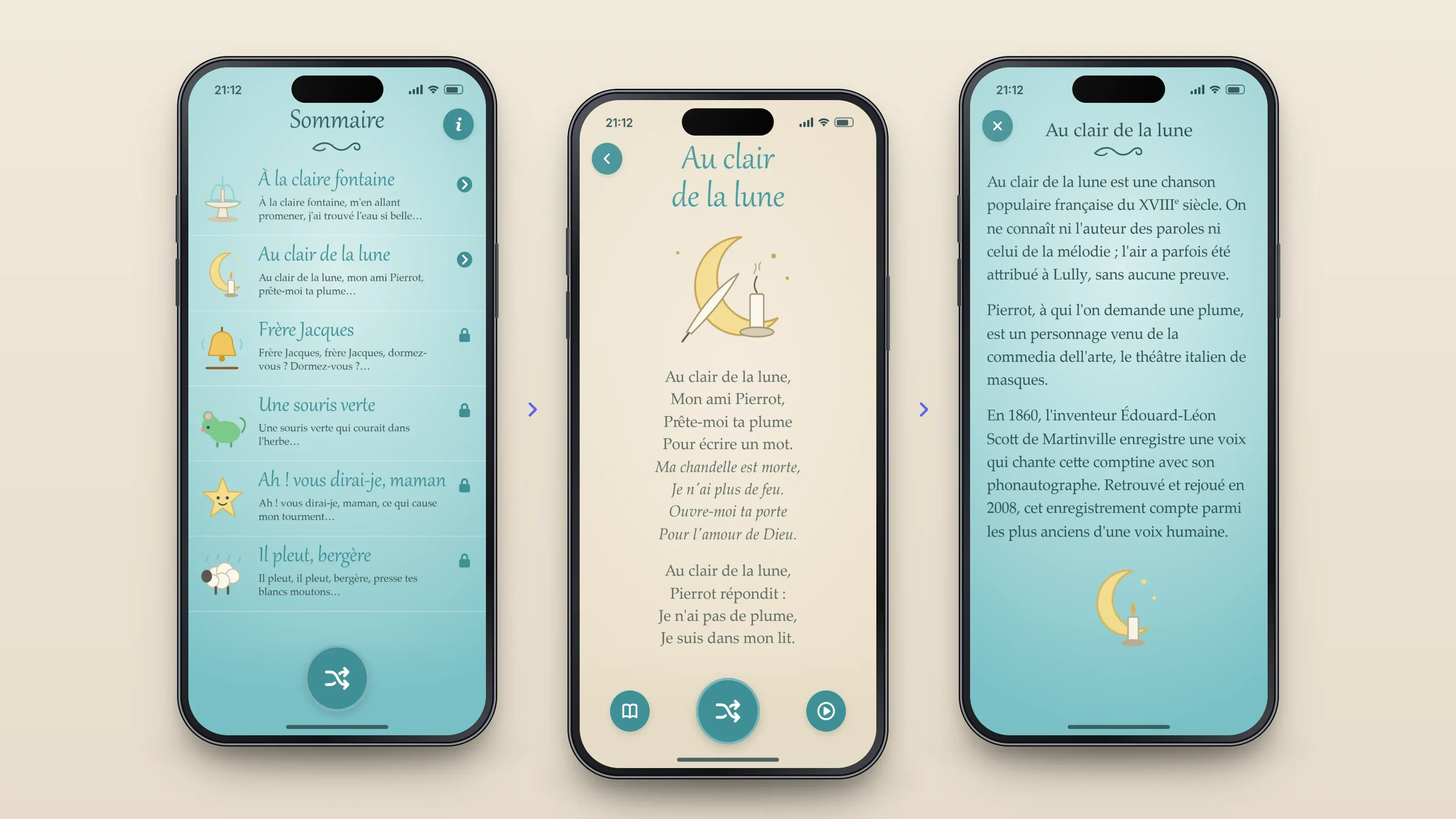 Recreated screens of the app in order, left to right: pick a rhyme; read the words; learn its origin