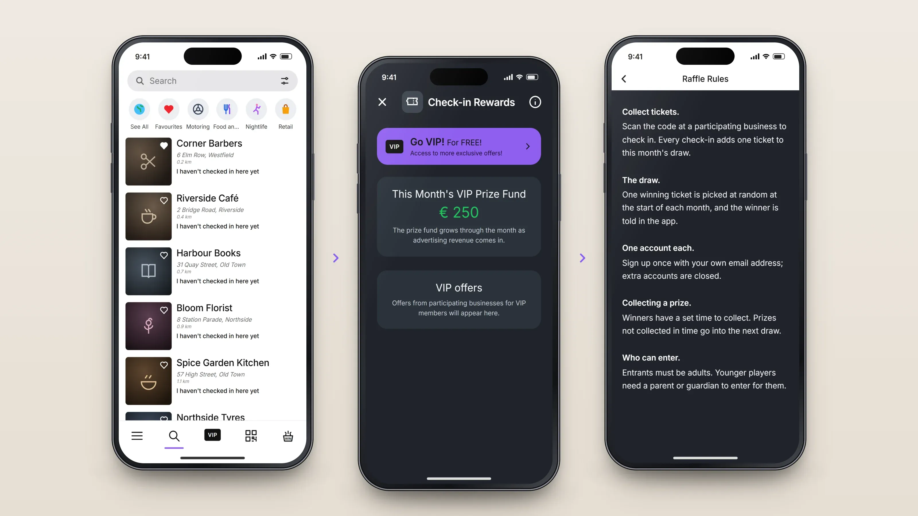 Recreated screens of the app in order, left to right: find a business; see the prize fund; read the rules