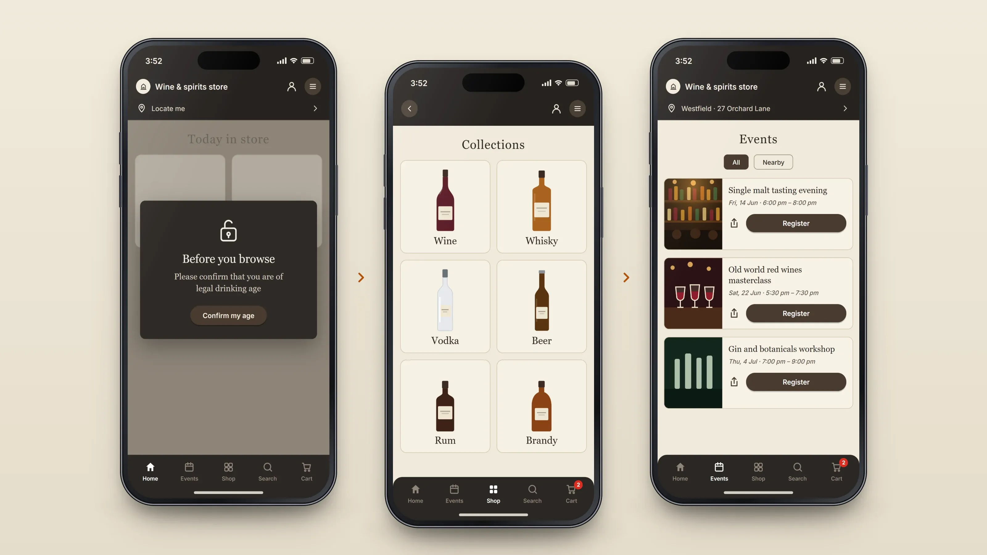 Recreated screens of the app in order, left to right: confirm age; browse collections; join an event