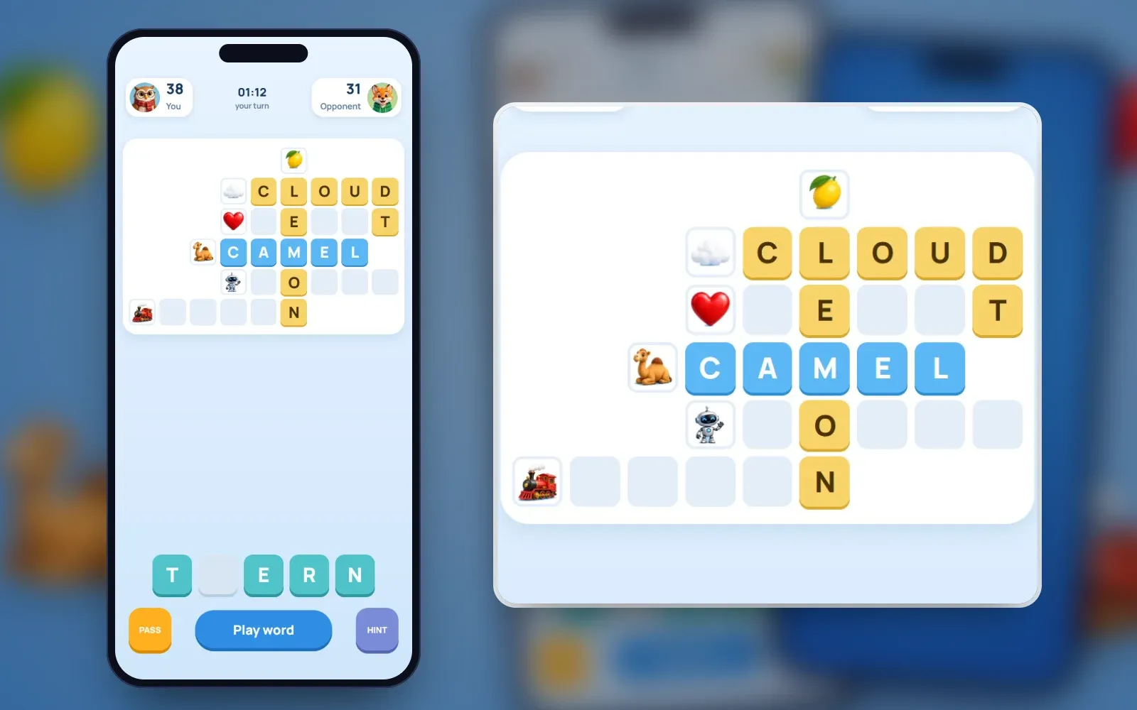 Representative screen on a phone with a close-up: a picture crossword with LEMON running down through CLOUD, HEART, CAMEL, ROBOT and TRAIN, CAMEL just completed
