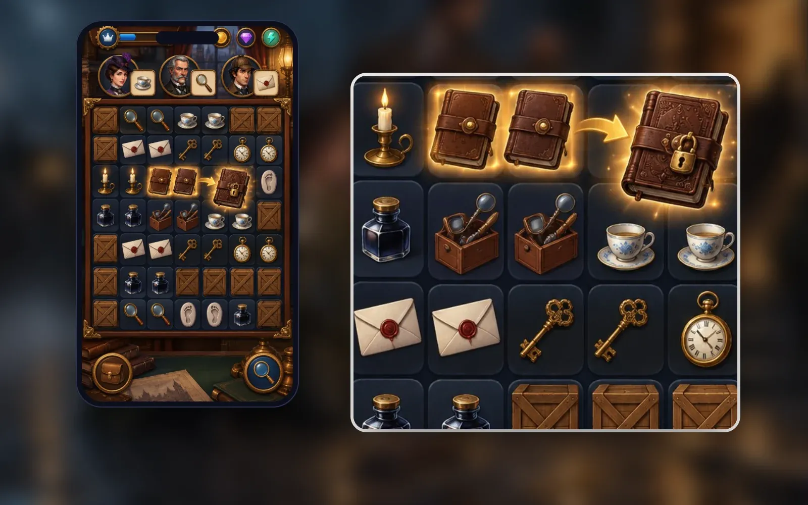 Representative gameplay screen on a phone with a close-up: three characters with requests above a dark merge board of clue objects, two notebooks merging into a locked diary