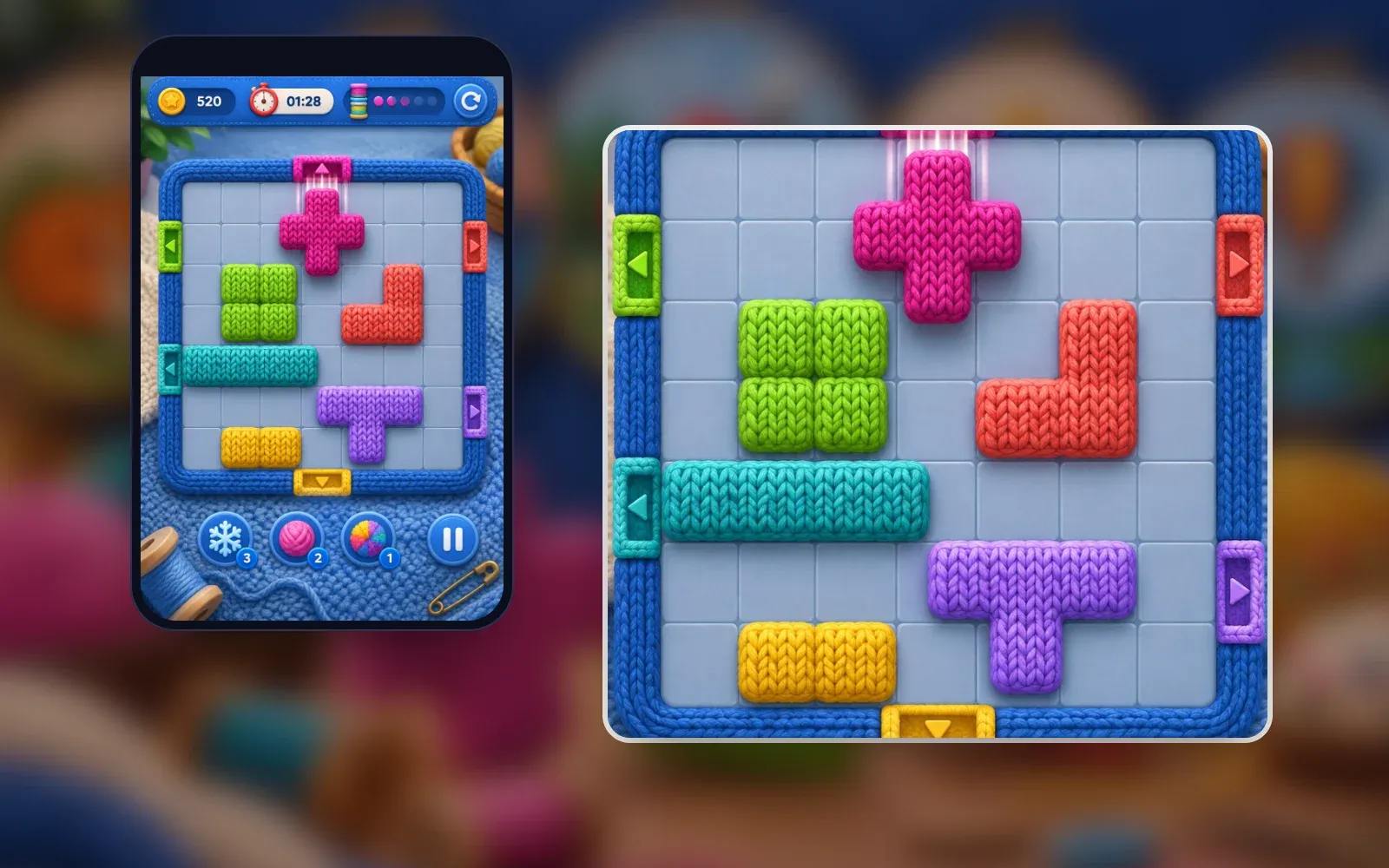 Representative puzzle screen on a phone with a close-up: knitted blocks — a magenta plus, a green square, a red L, a teal bar, a purple T and a yellow bar — inside a blue knitted frame with matching coloured gates, a timer and three boosters