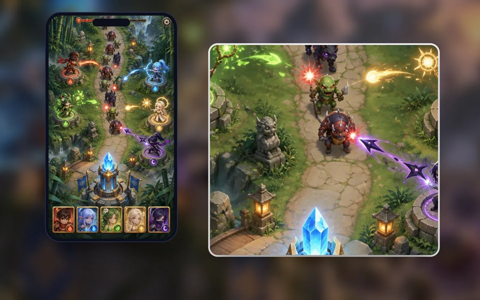 Representative gameplay screen on a phone with a close-up: an enemy wave on a forest path, five elemental heroes attacking from stone pads, a crystal tower and hero cards along the bottom