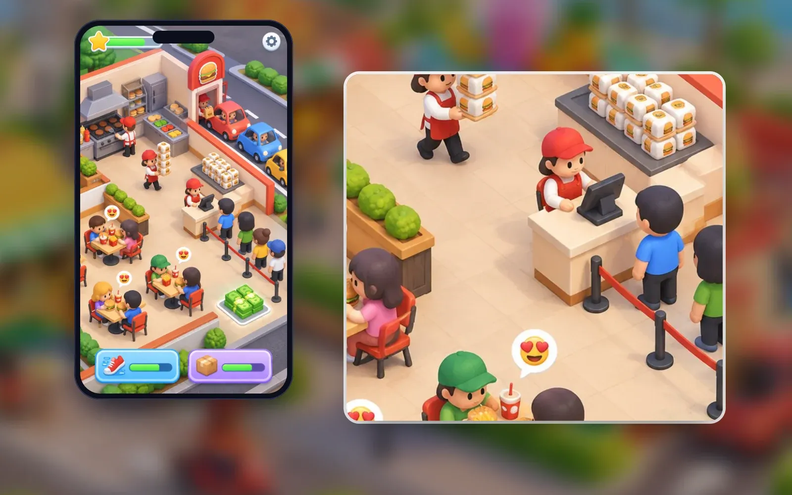 Representative gameplay screen on a phone with a close-up: a burger shop with cooks, a food stack at the counter, seated customers, a queue and cars at the drive-thru