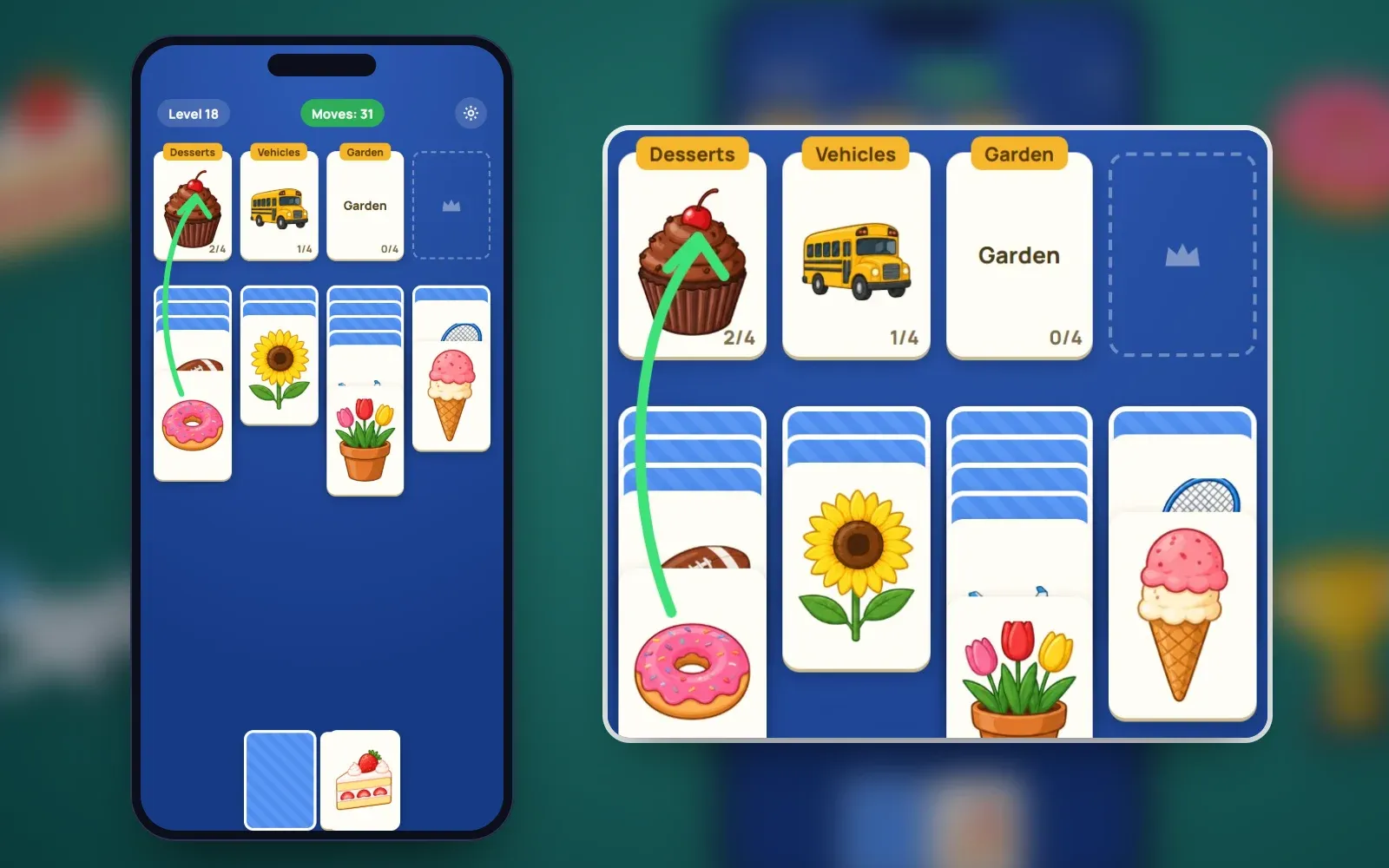 Representative screen on a phone with a close-up: Desserts 2/4, Vehicles 1/4 and Garden 0/4 on the foundation slots above columns of picture cards, with a donut moving to Desserts