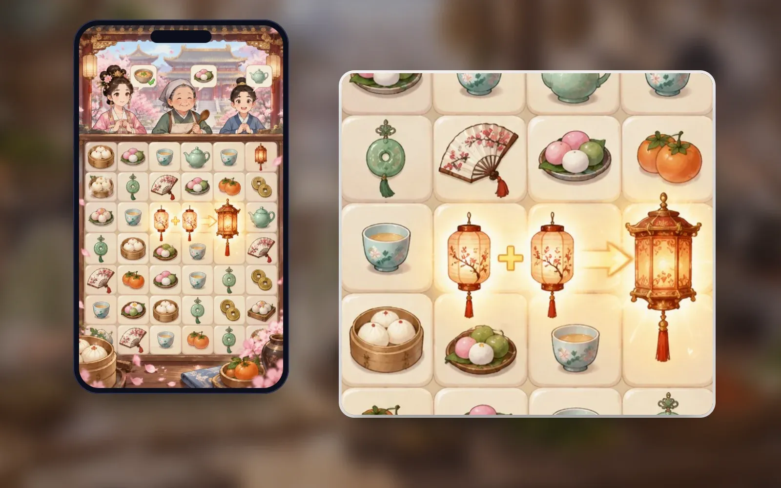 Representative gameplay screen on a phone with a close-up: three characters with orders above a merge board of dishes and palace items, two lanterns merging into a larger lantern