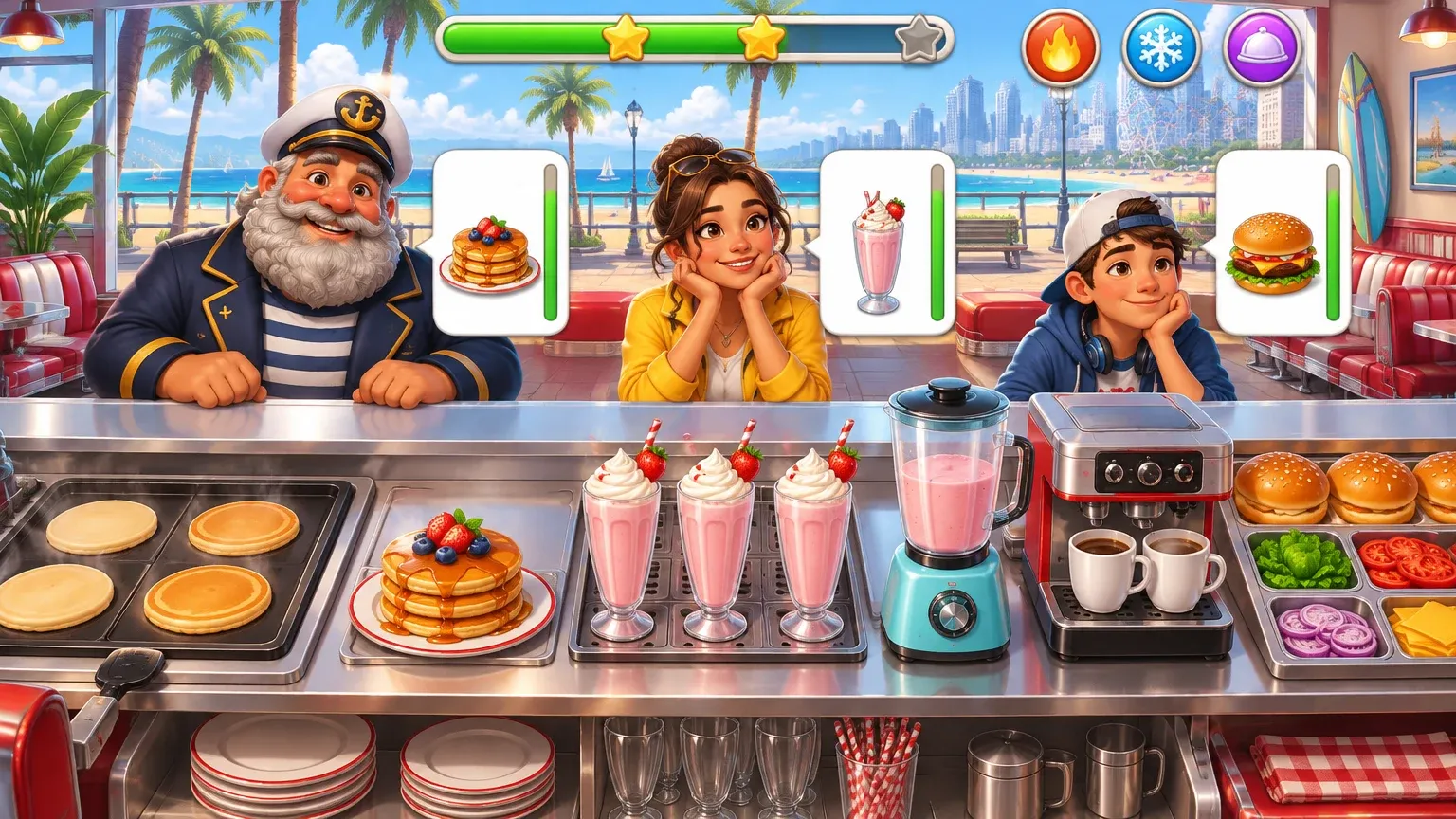 Representative gameplay screen: three customers at a diner counter with order cards and patience bars, above a griddle with pancakes, milkshakes, a blender, a coffee machine and burger buns