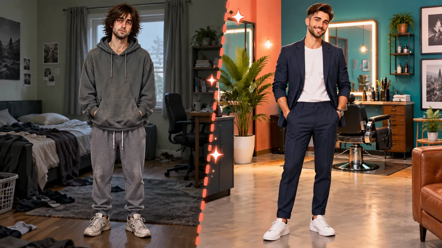 Representative artwork: the same young man shown twice — shaggy-haired in a faded hoodie in a dull bedroom, then with a neat haircut, trimmed beard and navy blazer in a bright barber studio