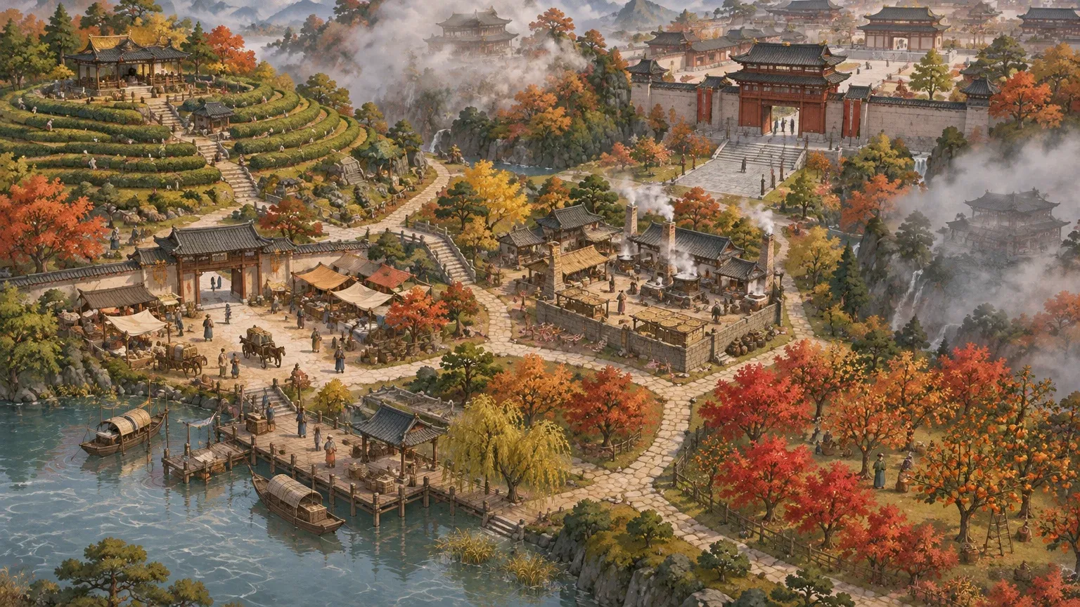 Representative artwork: autumn palace grounds seen from above — tea terraces on a hillside, a market gate with stalls, a riverside pier with boats, maple and persimmon orchards and a kitchen courtyard, with two areas veiled in fog