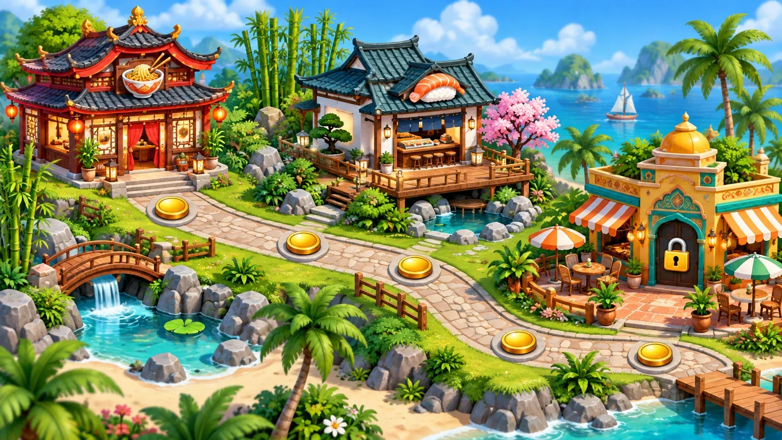 Representative artwork: a cobblestone path with coin markers past a red-roofed noodle house, a Japanese-style sushi bar under a cherry tree and a colourful café with a padlock, set among palms and bamboo by the sea