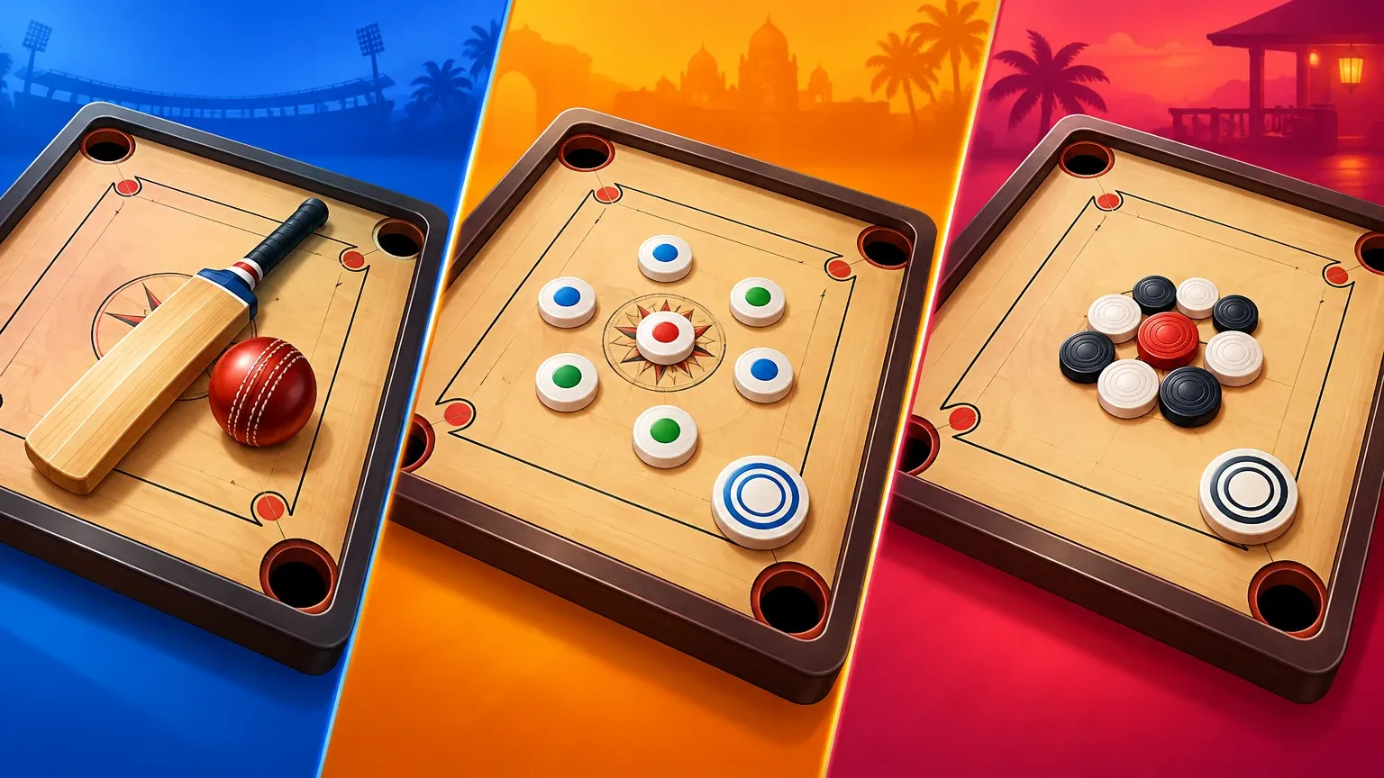 Representative artwork: three carrom boards on blue, orange and red bands — one with a cricket bat and ball, one with coins marked in colours, one with black and white coins around the red queen